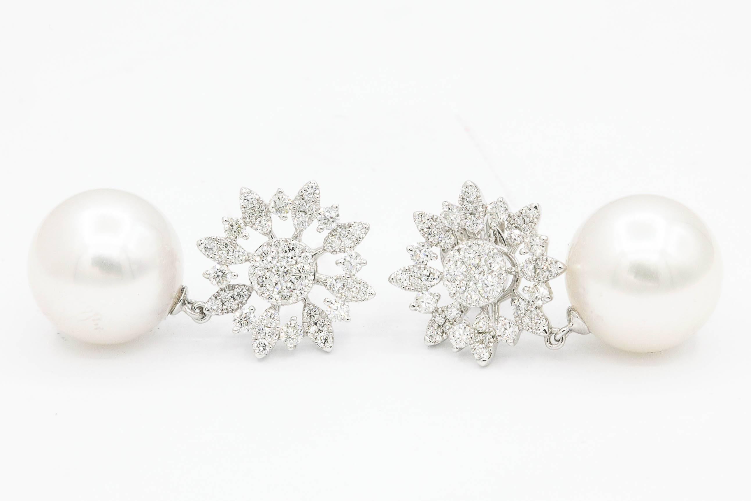 Contemporary Diamond Cluster Marquise Shape Star with South Sea Pearl Dangle Earrings For Sale