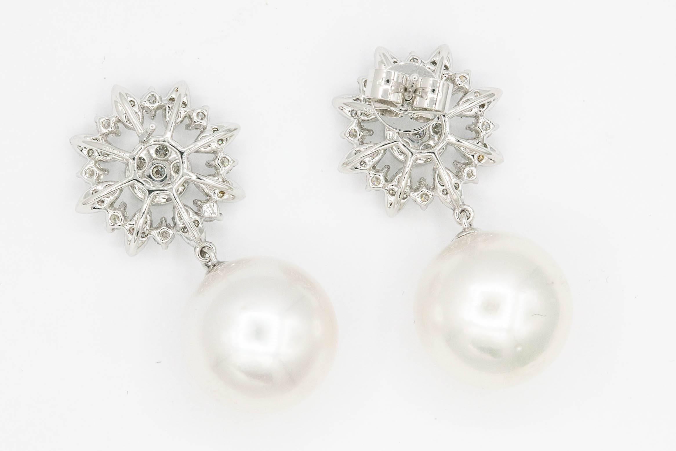 Round Cut Diamond Cluster Marquise Shape Star with South Sea Pearl Dangle Earrings For Sale