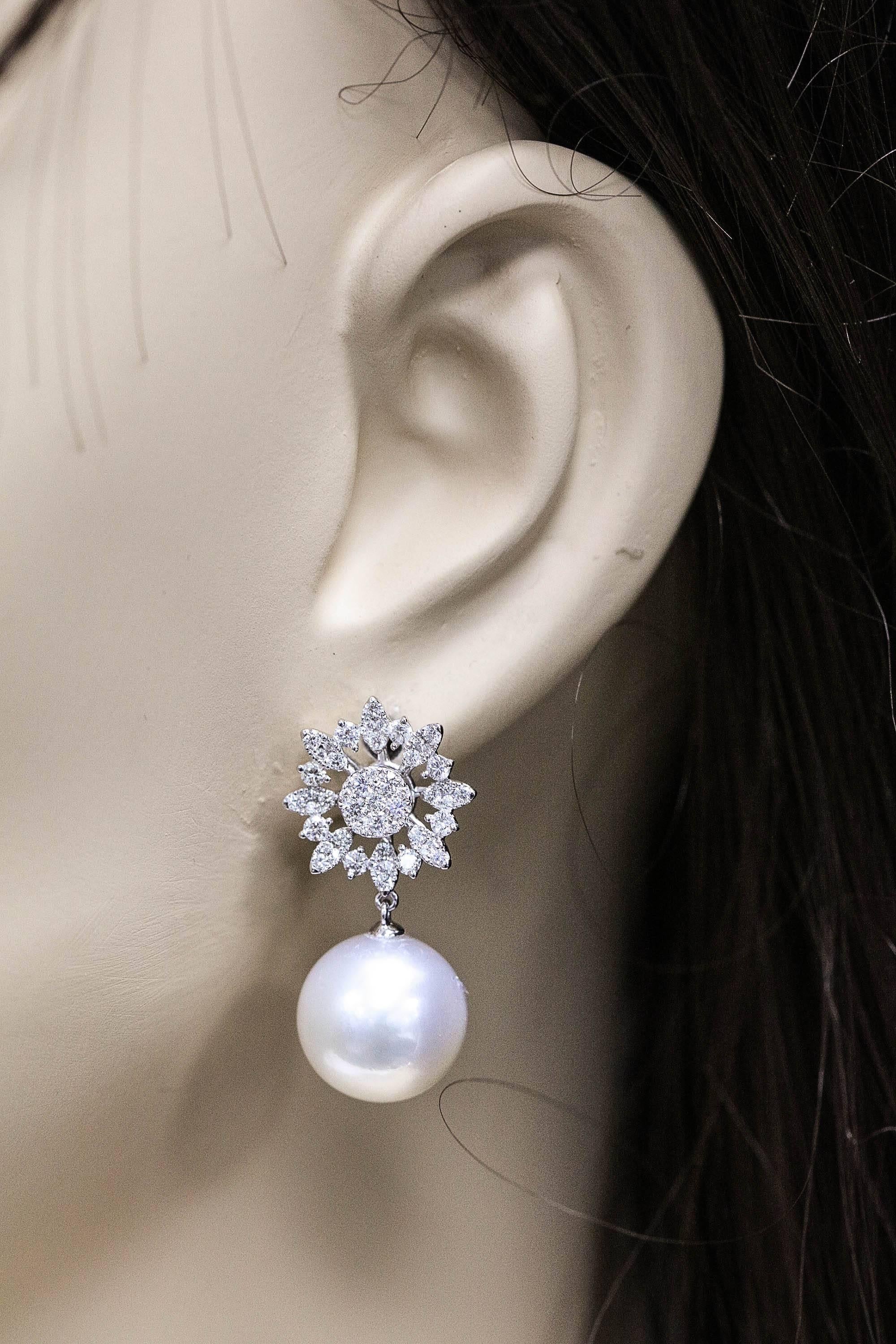 Diamond Cluster Marquise Shape Star with South Sea Pearl Dangle Earrings In New Condition For Sale In New York, NY