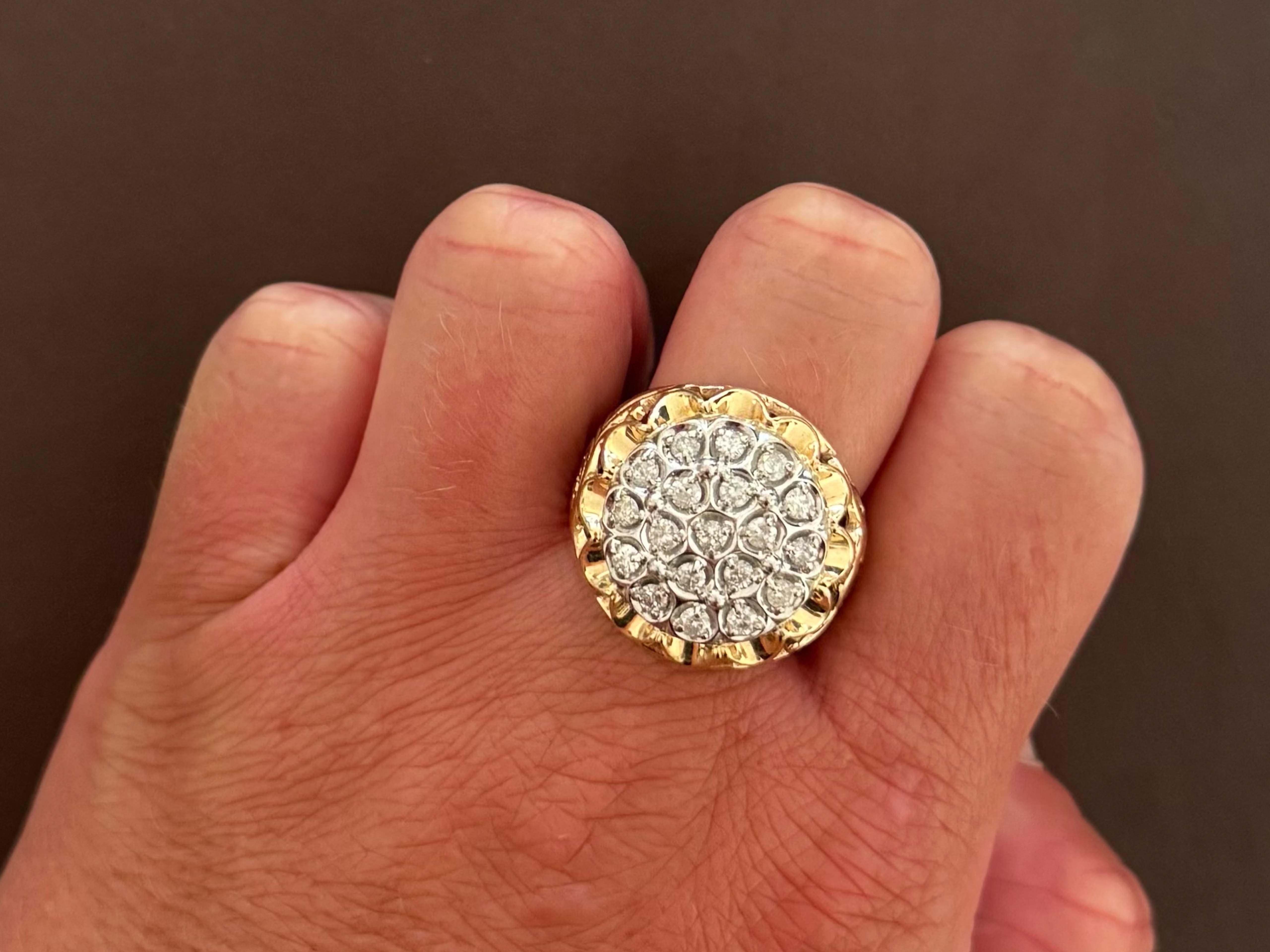 Item Specifications:

Metal: 14k Yellow and White Gold

Diamond Count: 19 Round brilliant cut
​
​Diamond Color: G-I
​
​Diamond Clarity: I1-I2

Diamond Carat Weight: ~1.00 carats 

Ring Size: 9.5

Total Weight: 12.3 Grams
​
​Ring Height: 22.4 mm