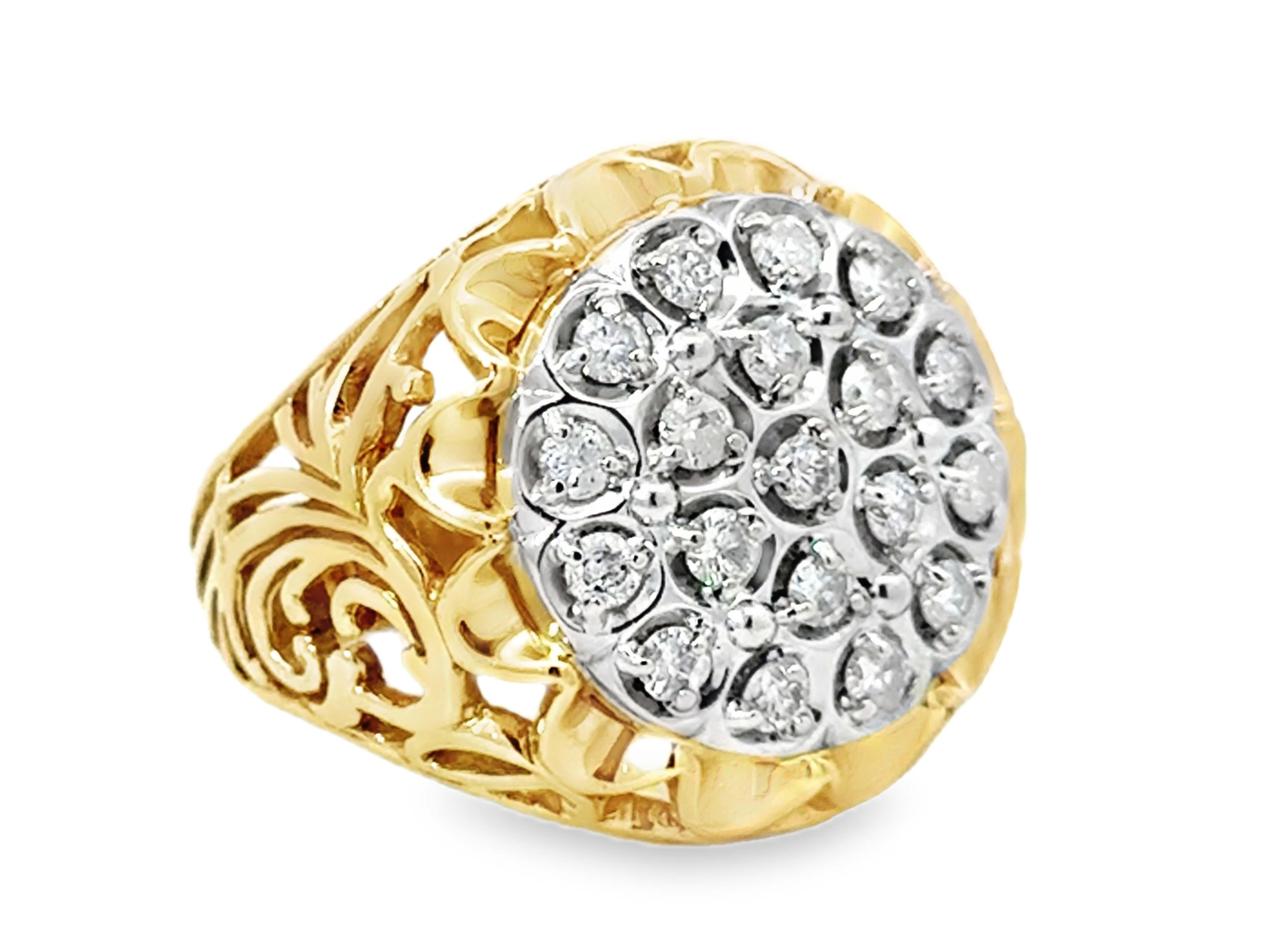 Diamond Cluster Mens Ring 2 Tone 14k Gold Open Filigree Sides Corte brillante en venta