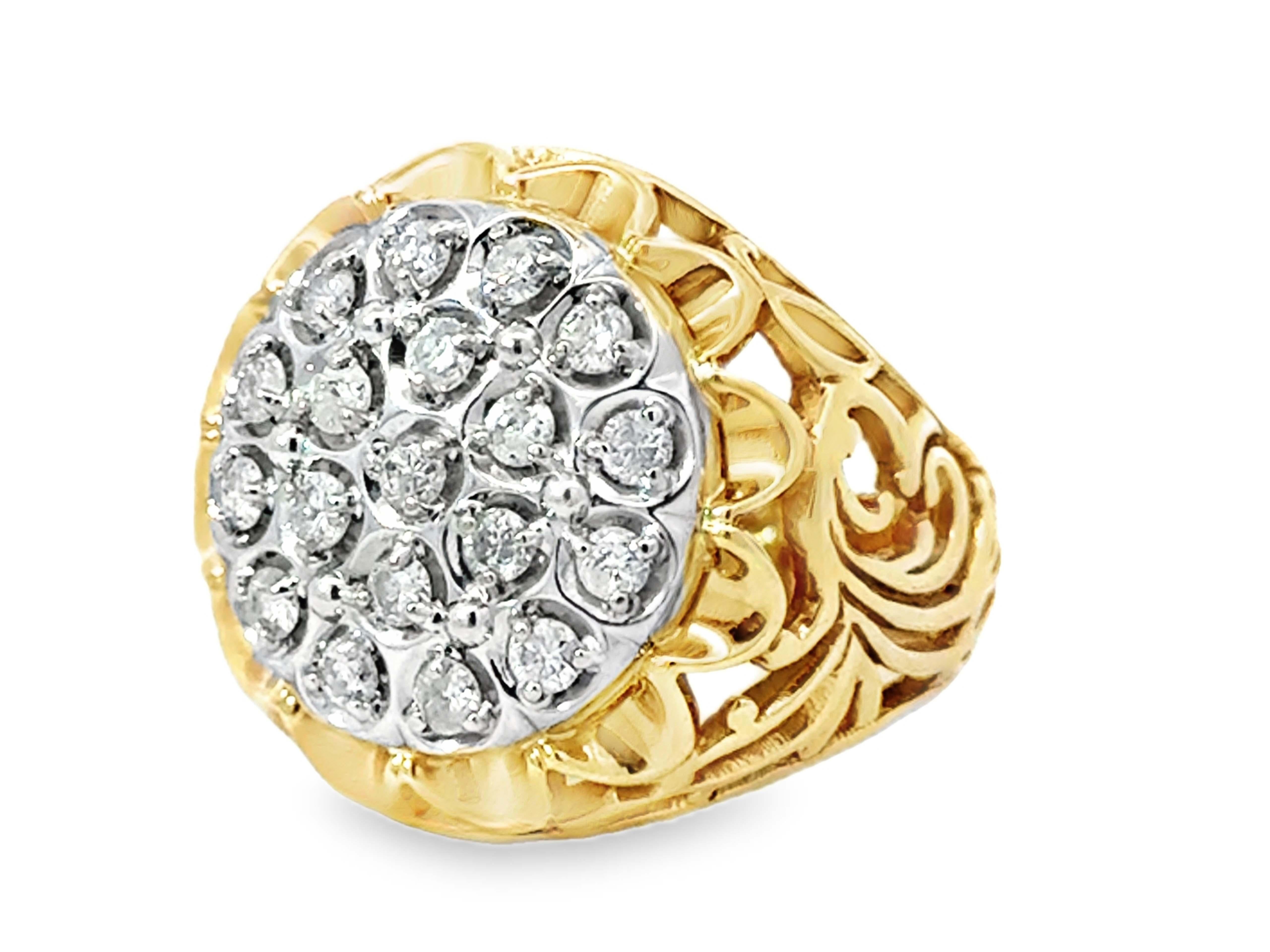 De los hombres Diamond Cluster Mens Ring 2 Tone 14k Gold Open Filigree Sides en venta