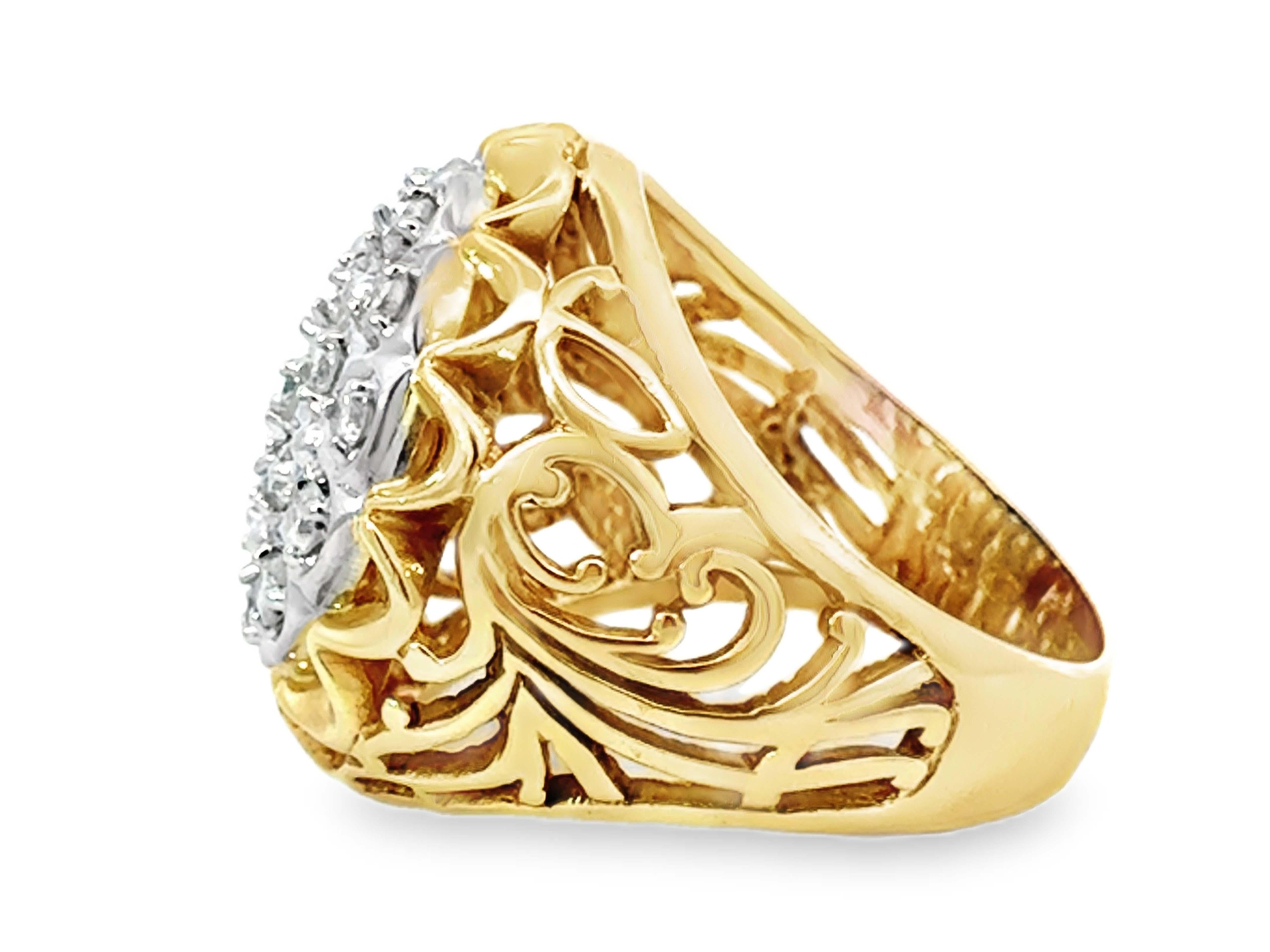 Diamond Cluster Mens Ring 2 Tone 14k Gold Open Filigree Sides en venta 3