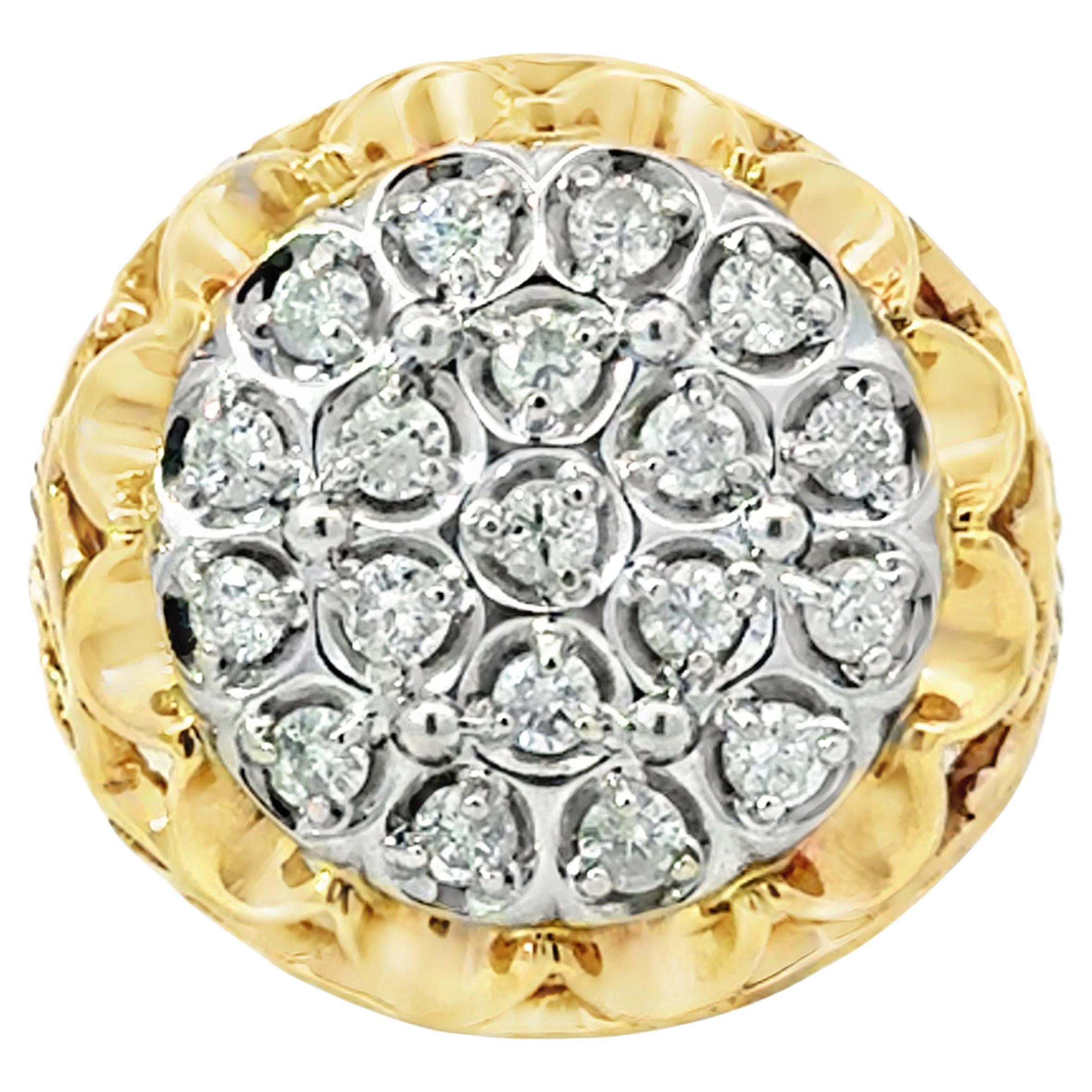 Diamond Cluster Mens Ring 2 Tone 14k Gold Open Filigree Sides en venta