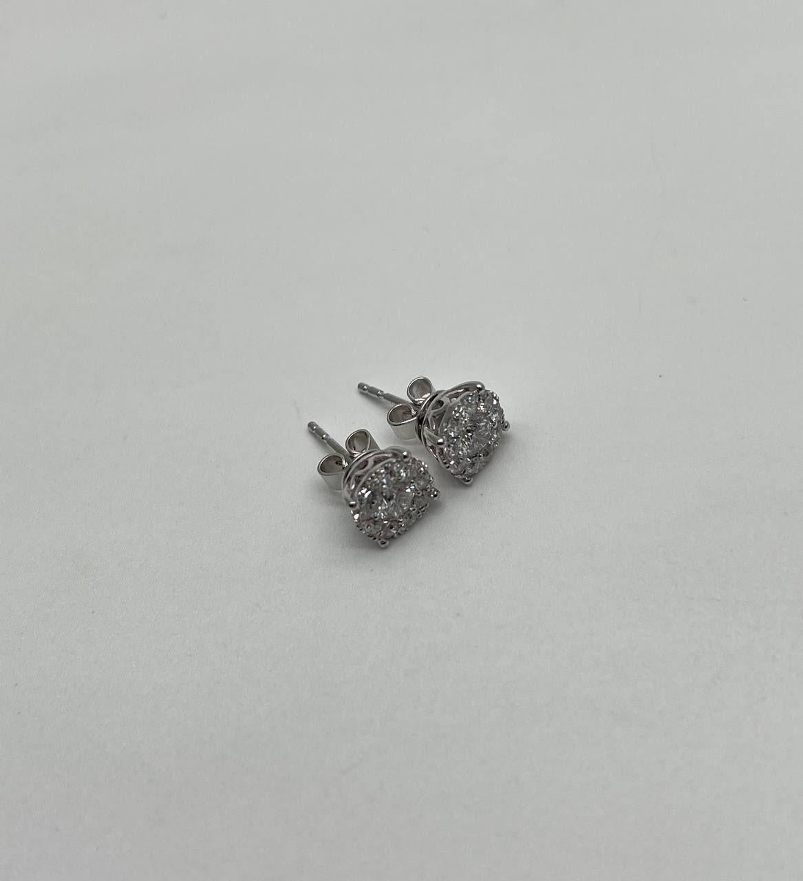 Women's Diamond Cluster Pave Set Halo Set 14K White Gold Stud Earrings For Sale