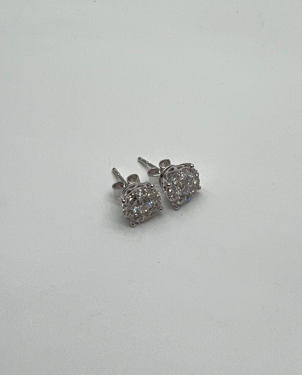 Diamond Cluster Pave Set Halo Set 14K White Gold Stud Earrings For Sale 2