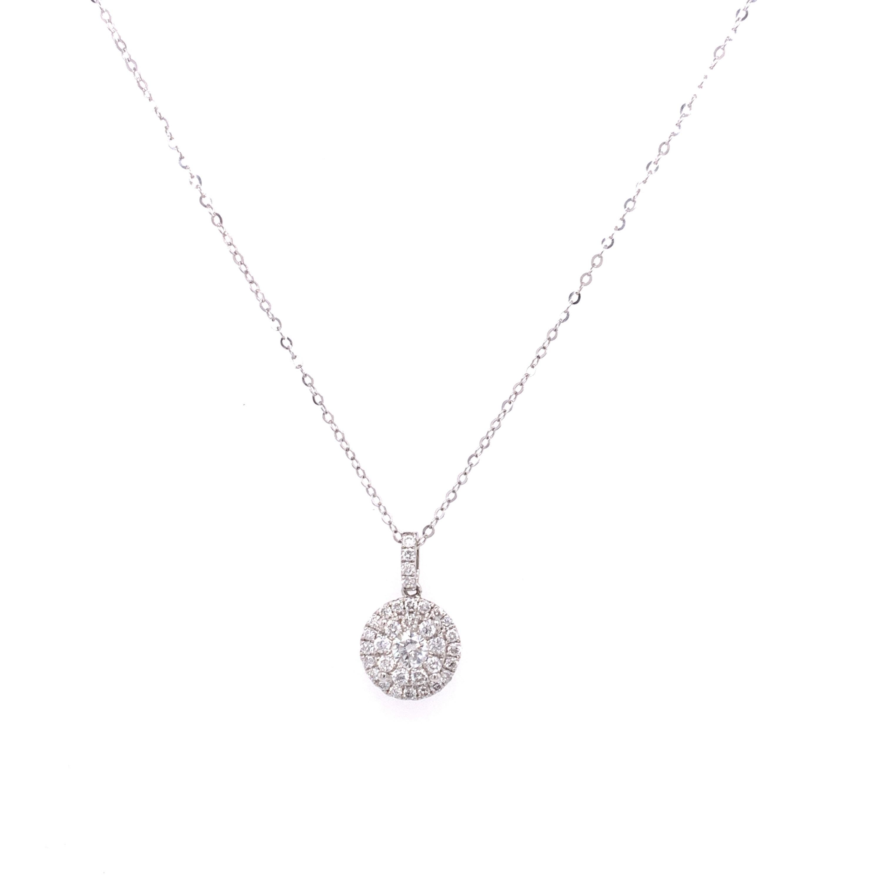 Cluster Diamond Pendant Necklace made with real/natural brilliant cut diamonds. Diamond Weight: 0.49 carats, Diamond Quantity: 34 round diamonds. Mounted on 14 karat white gold, two setting adjustable chain.