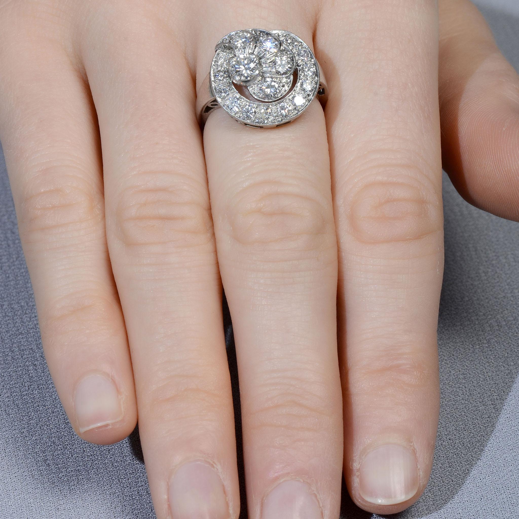 Round Cut Diamond Cluster Platinum Ring For Sale