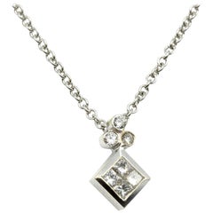 Diamond Cluster Princess Cut Pendant on Necklace 14 Karat White Gold