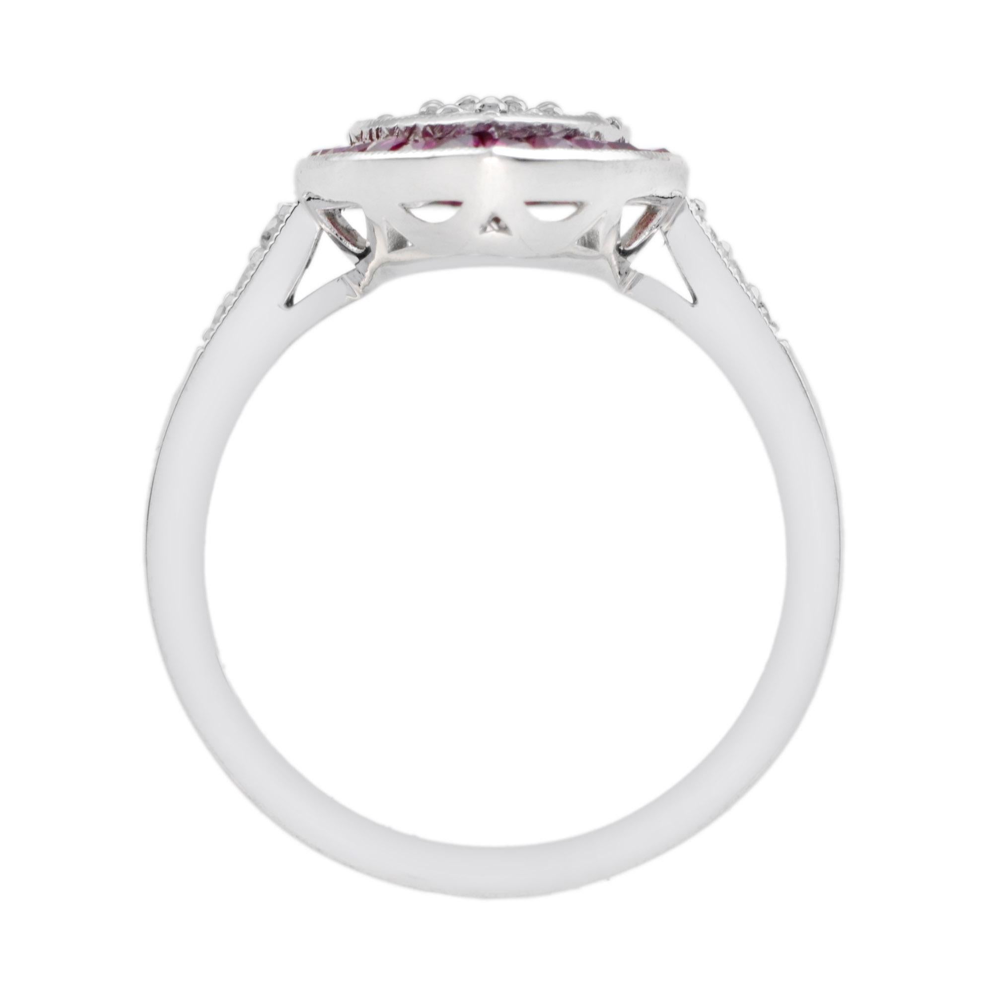 De las mujeres Anillo de Oro Blanco de 14 K con Racimo de Diamantes y Rubí Rosa Rojo Estilo Art Decó en venta