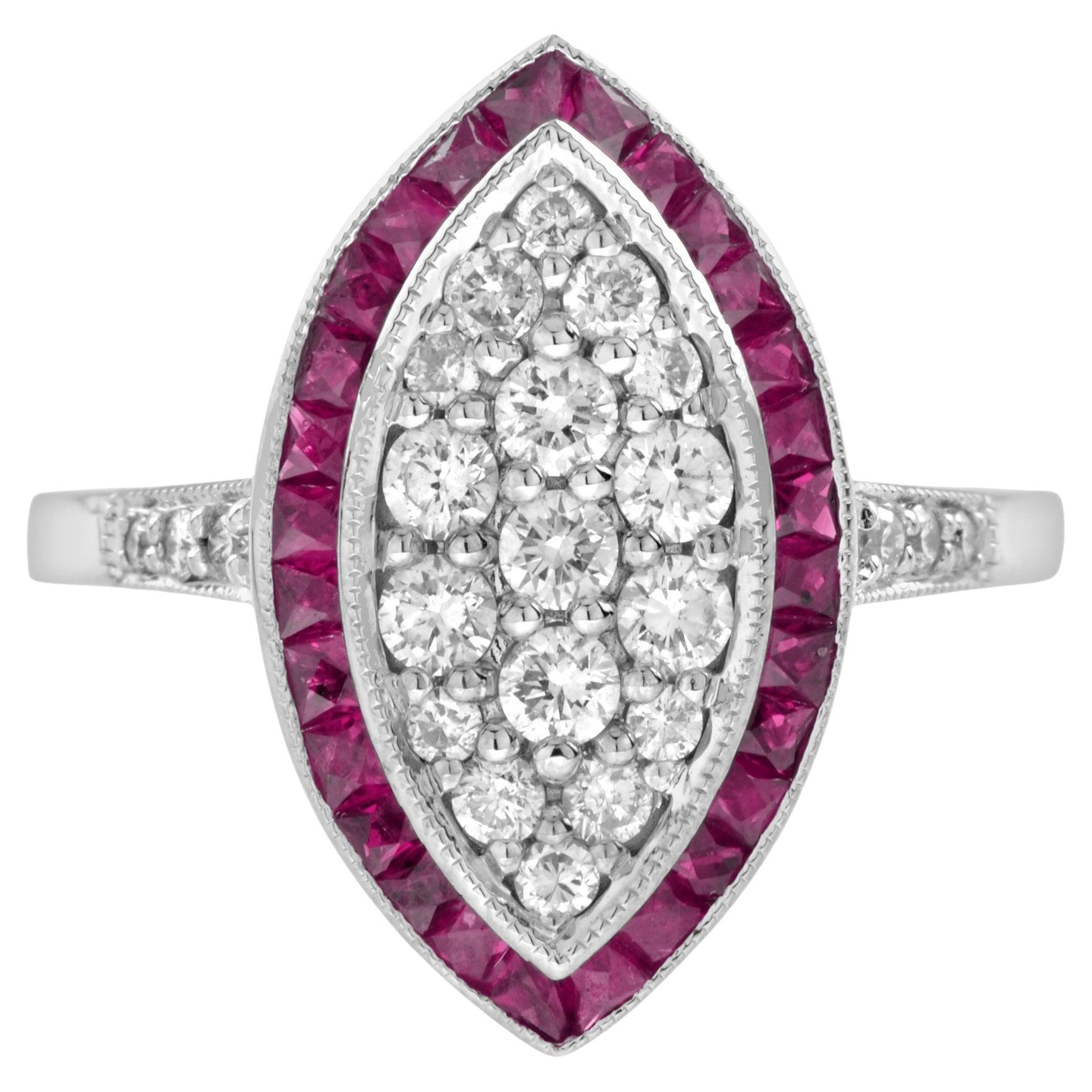 Diamant-Cluster & roter Pink Rubin Art Deco Stil 14K Weißgold Ring