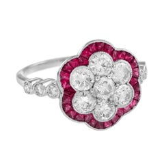 Diamond Cluster & Red Pink Ruby Art Deco Style Flower Floral 14K White Gold Ring