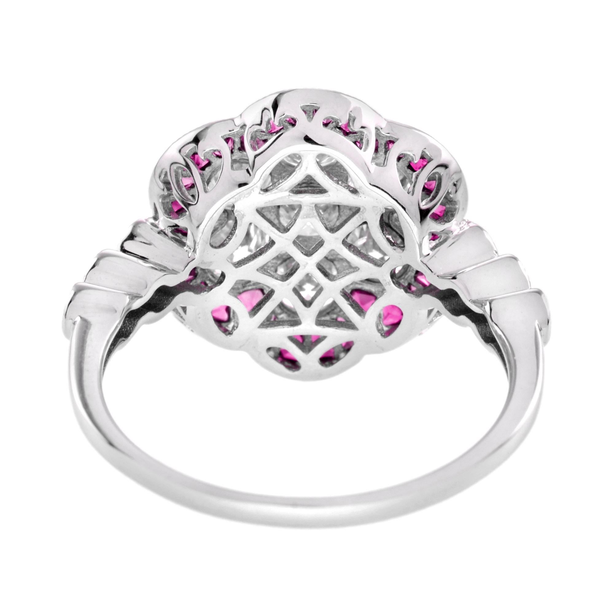 Diamond Cluster & Red Pink Ruby Art Deco Style Flower Floral 14K White Gold Ring In New Condition For Sale In Oakton, VA