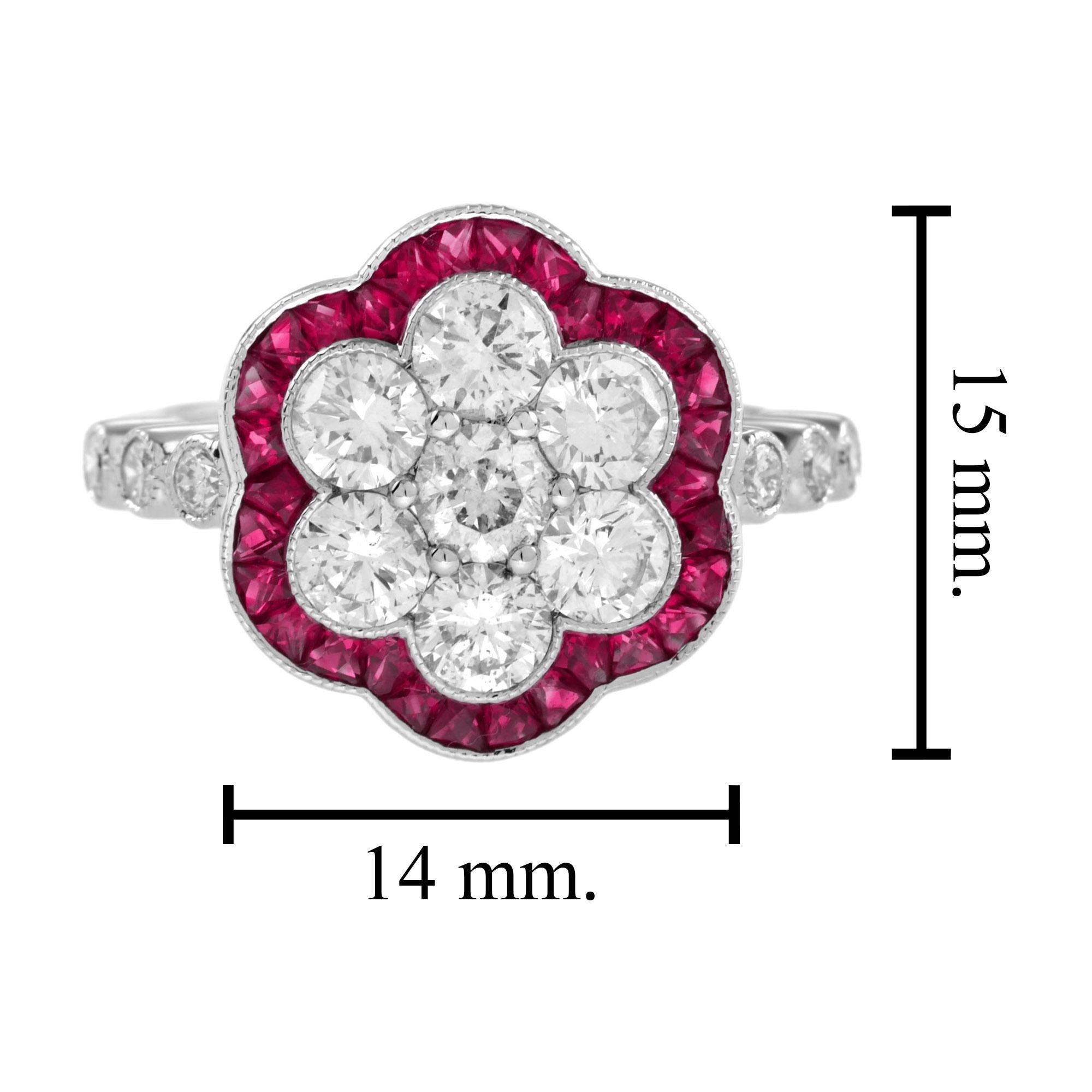 Diamond Cluster & Red Pink Ruby Art Deco Style Flower Floral 14K White Gold Ring For Sale 2