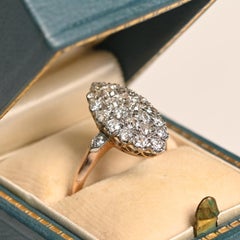 Marquise Shape Cluster Ring. 1.20TCW Old European Cut Diamond Platinum 18K Gold