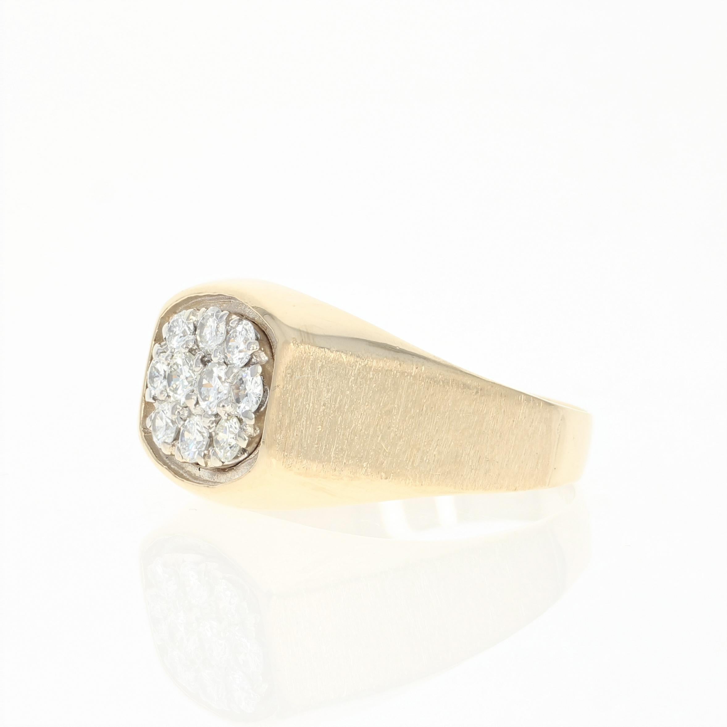 Step out in style! Crafted in glowing 14k yellow gold, this sharp ring showcases a radiant cluster of natural diamonds set in 14k white gold. The ring’s shoulders display a brushed finish that handsomely contrasts with the remainder of the ring’s