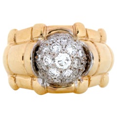 Diamond Cluster Ring in 14 Karat Yellow Gold Bamboo Dome Band Signed JA