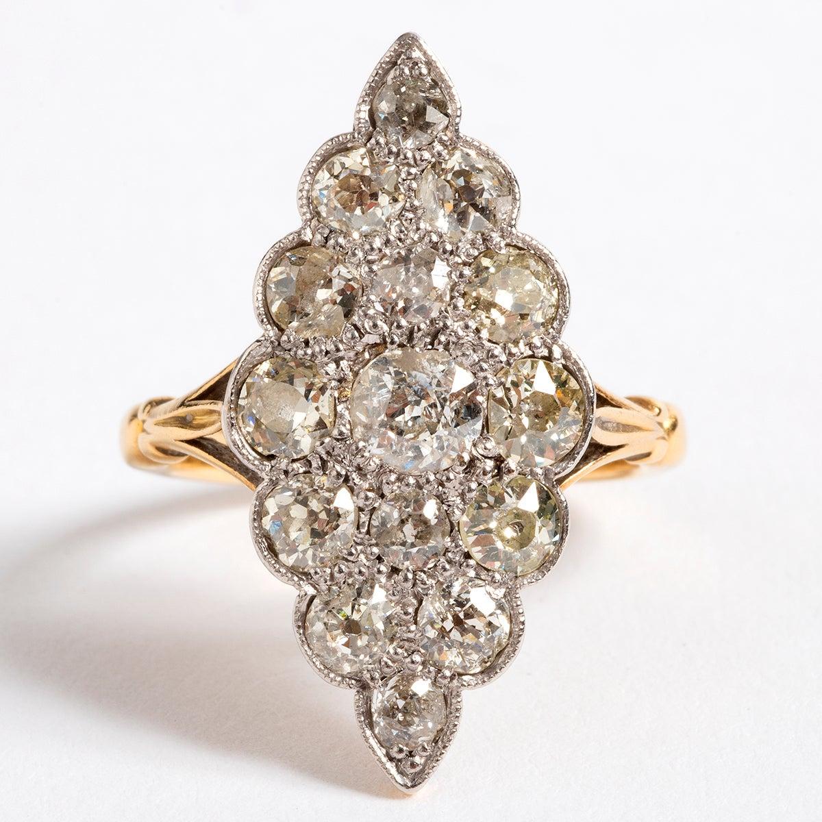 Round Cut Diamond Cluster Ring, Platinum Mount 18 Karat Yellow Gold Band