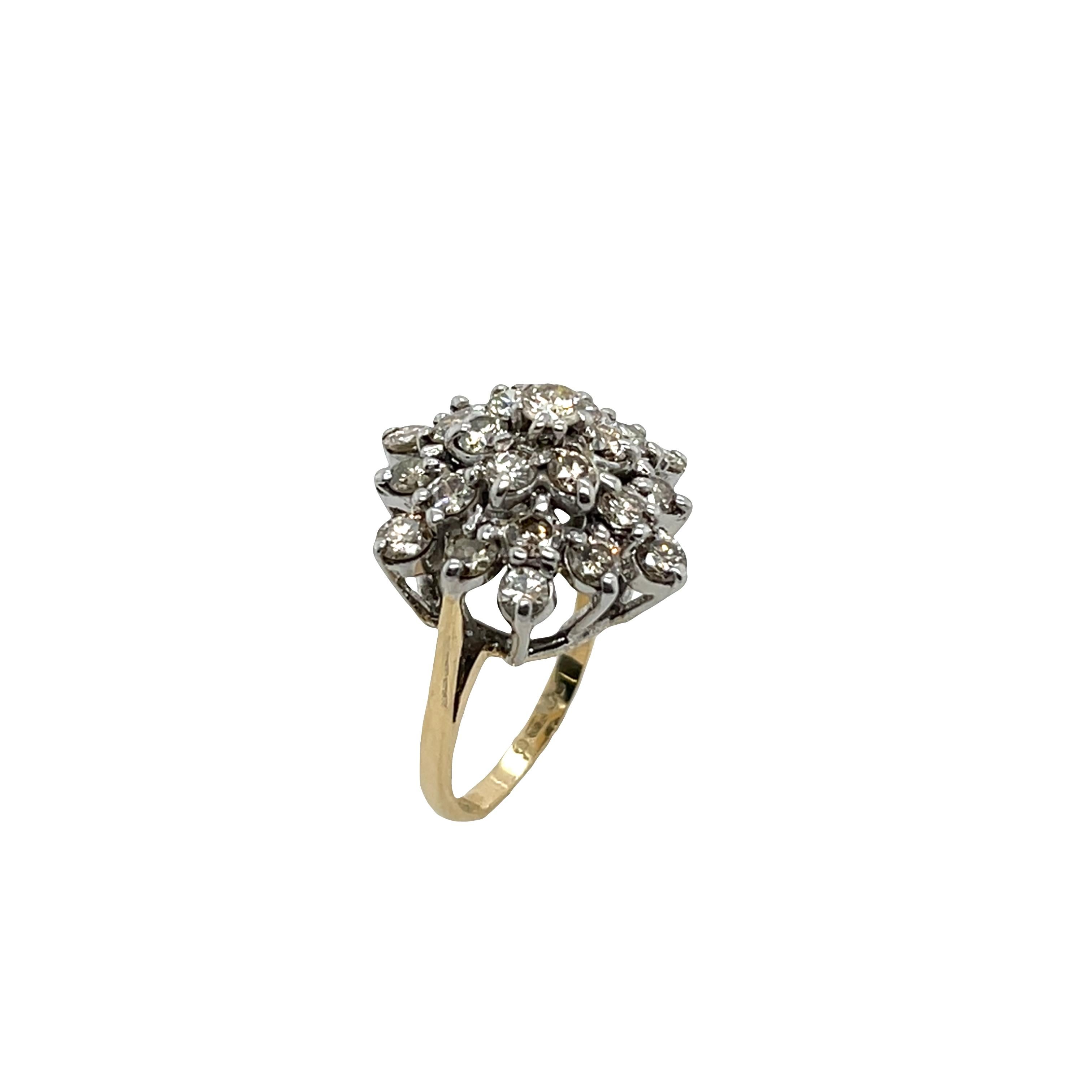 A beautifully crafted diamond cluster ring, set in 9ct yellow & white gold, 
featuring 1.0ct of natural diamonds arranged in a cluster setting. 
Total Diamond Weight: 1.0ct
Diamond Colour: brown
Diamond Clarity: SI1-2
Width of Band: 1.75mm 
Width of