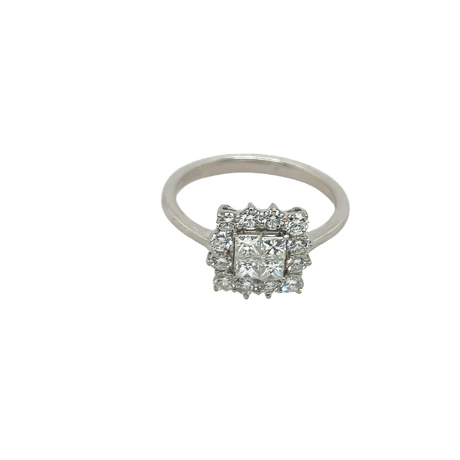 This cluster ring has a dazzling effect and is an excellent option for an engagement ring, set in Platinum, with 4 princesses cut Diamonds and 12 round brilliant cut Diamonds with a total Diamond weight of 1.0ct

Additional Information:
Total