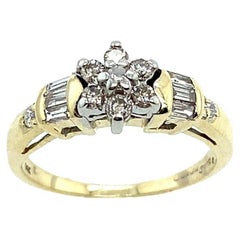 Diamond Cluster Ring Set with 3 Diamond Baguettes Shoulders in 14ct Yellow Gold
