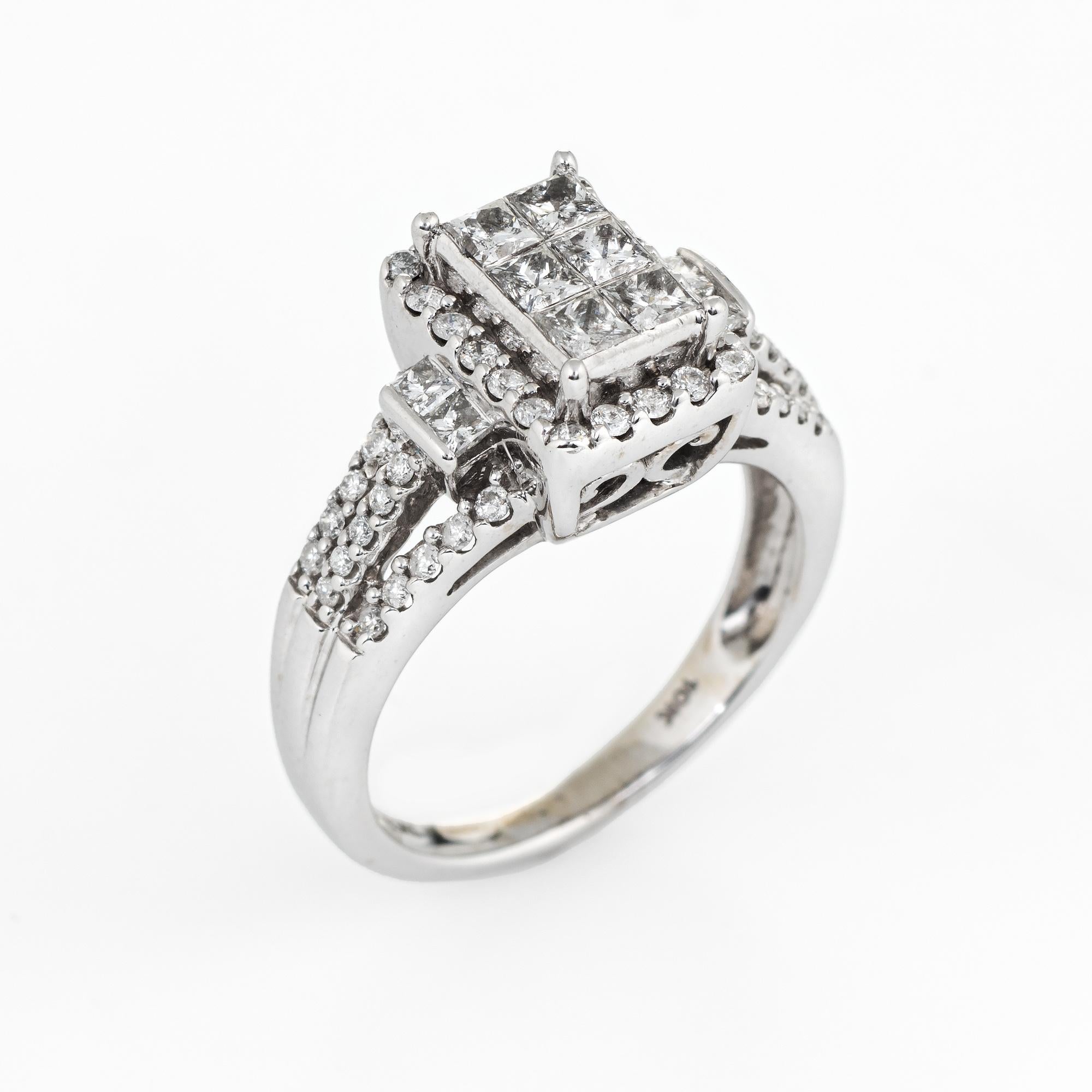 Elegant diamond cluster ring crafted in 10 karat white gold. 

Six princess cut diamonds are illusion set into the square mount, accented with round brilliant cut diamonds. The total diamond weight is estimated at 1.06 carats (estimated at H-I color