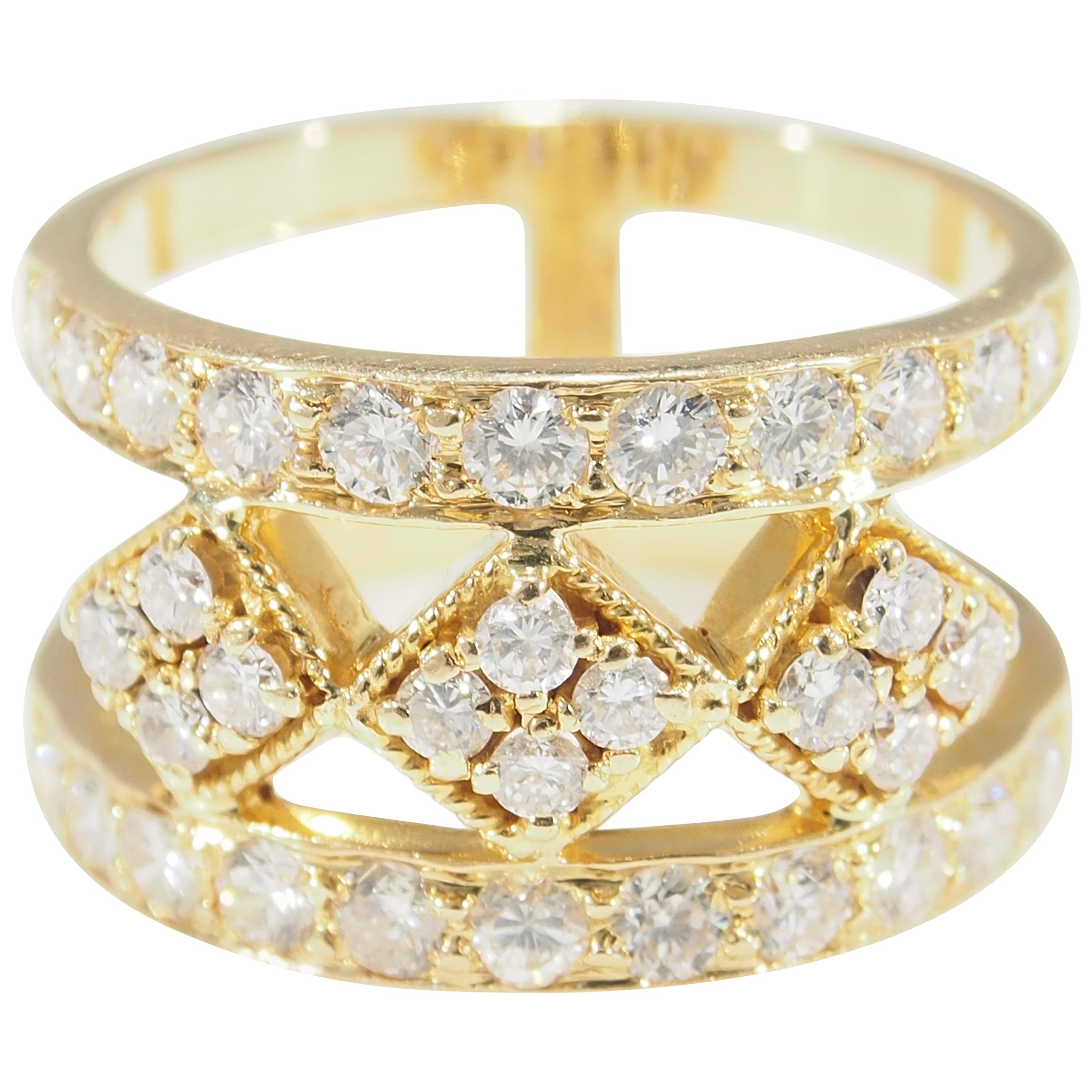 Diamond Cluster Ring Wide Yellow Gold 18 Karat