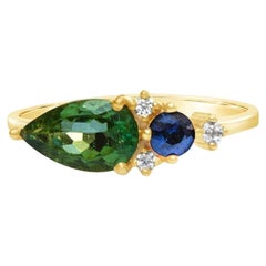 Diamond Cluster Ring with Sapphire and Tourmaline, 14 Karat Gold Gemstone Ring