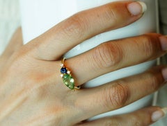 Diamond Cluster Ring with Sapphire and Tourmaline, 14 Karat Gold Gemstone Ring