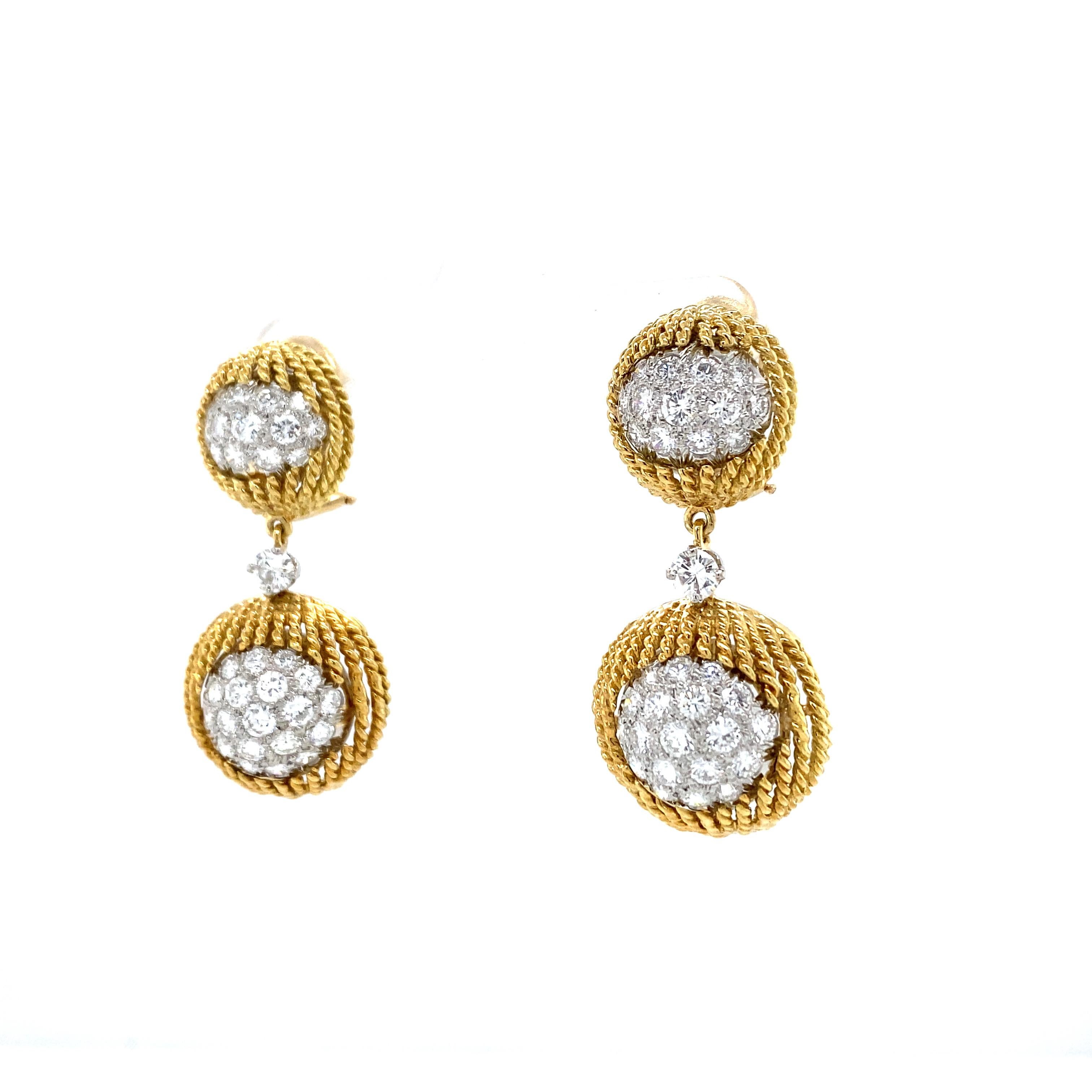 Round Cut Diamond Cluster Rope Drop Platinum 18k Yellow Gold Earring For Sale