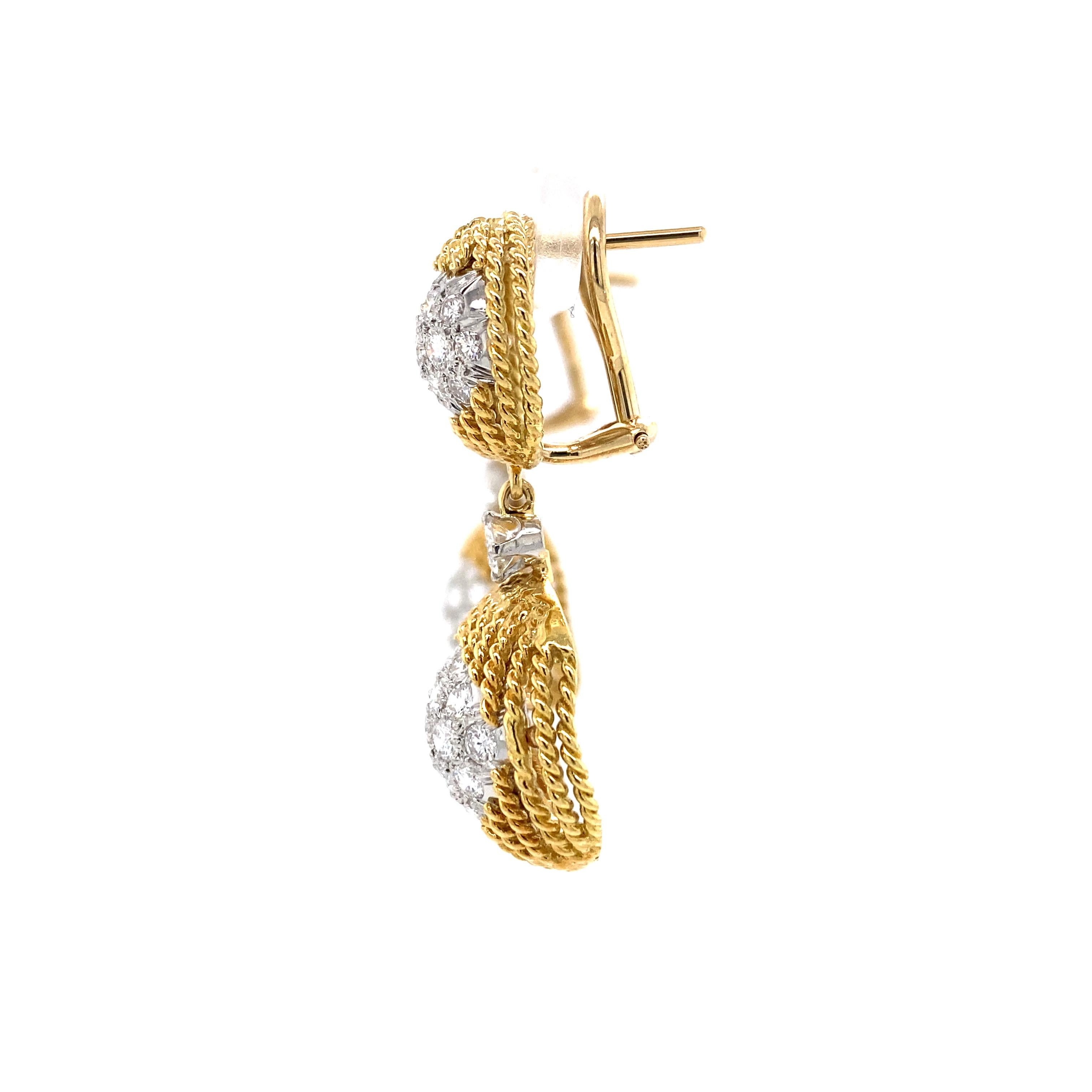Diamond Cluster Rope Drop Platinum 18k Yellow Gold Earring In Good Condition For Sale In Boca Raton, FL