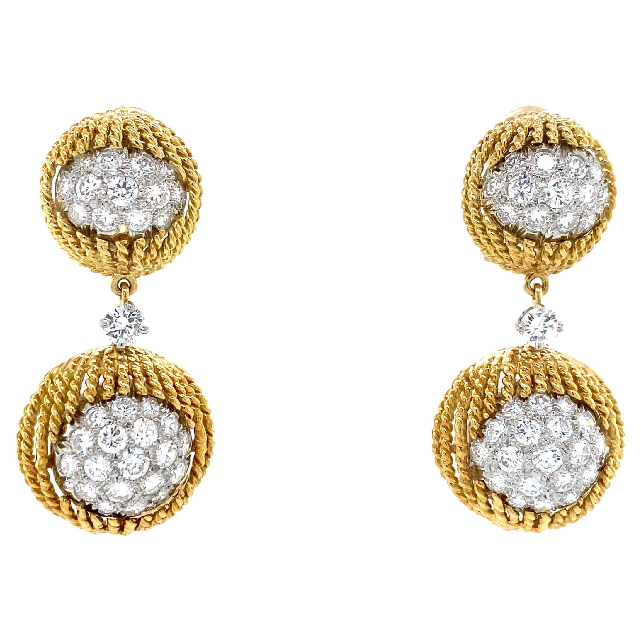 Diamond Cluster Rope Drop Platinum 18k Yellow Gold Earring For Sale