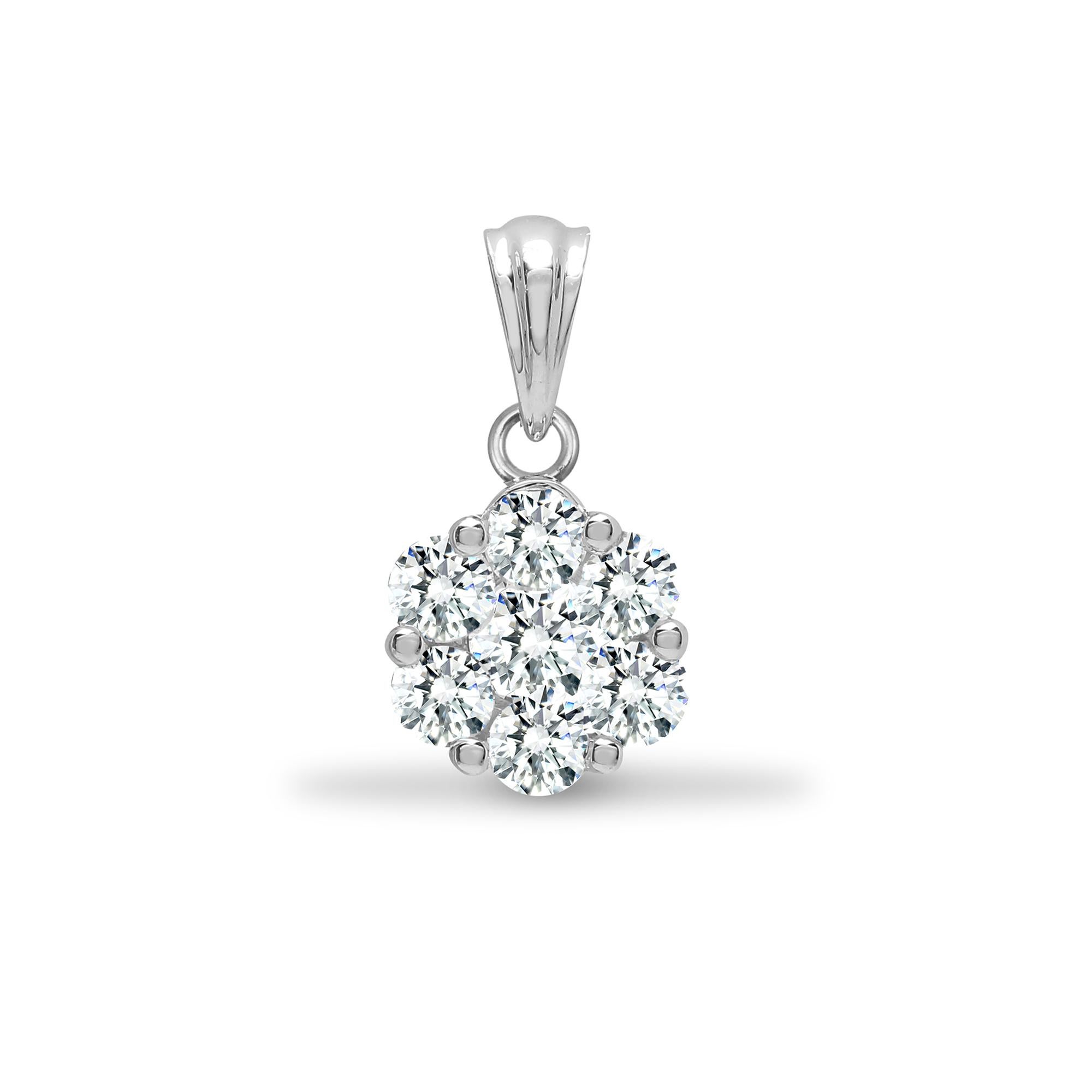 This Beautiful 0.33 Carat Flower design Cluster Diamond pendant features 7 round brilliant cut natural diamonds Color G - H, Clarity VS - SI1 Round White Diamonds. Comes with a stunning white gold necklace chain all set in 18 Karat white gold,