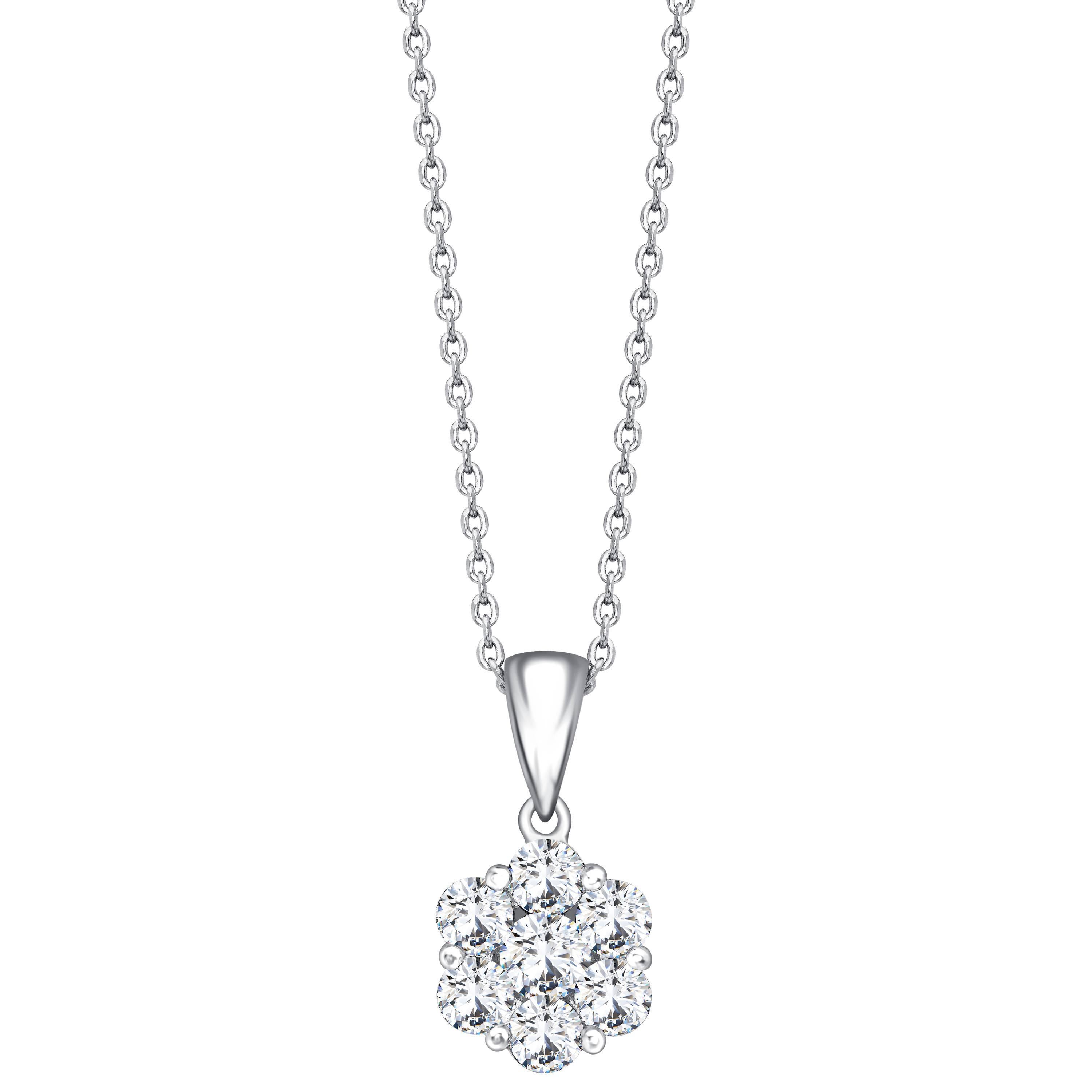 Round Cut Diamond Cluster Round 0.33 Carat Pendant 18 Karat White Gold Flower Necklace For Sale