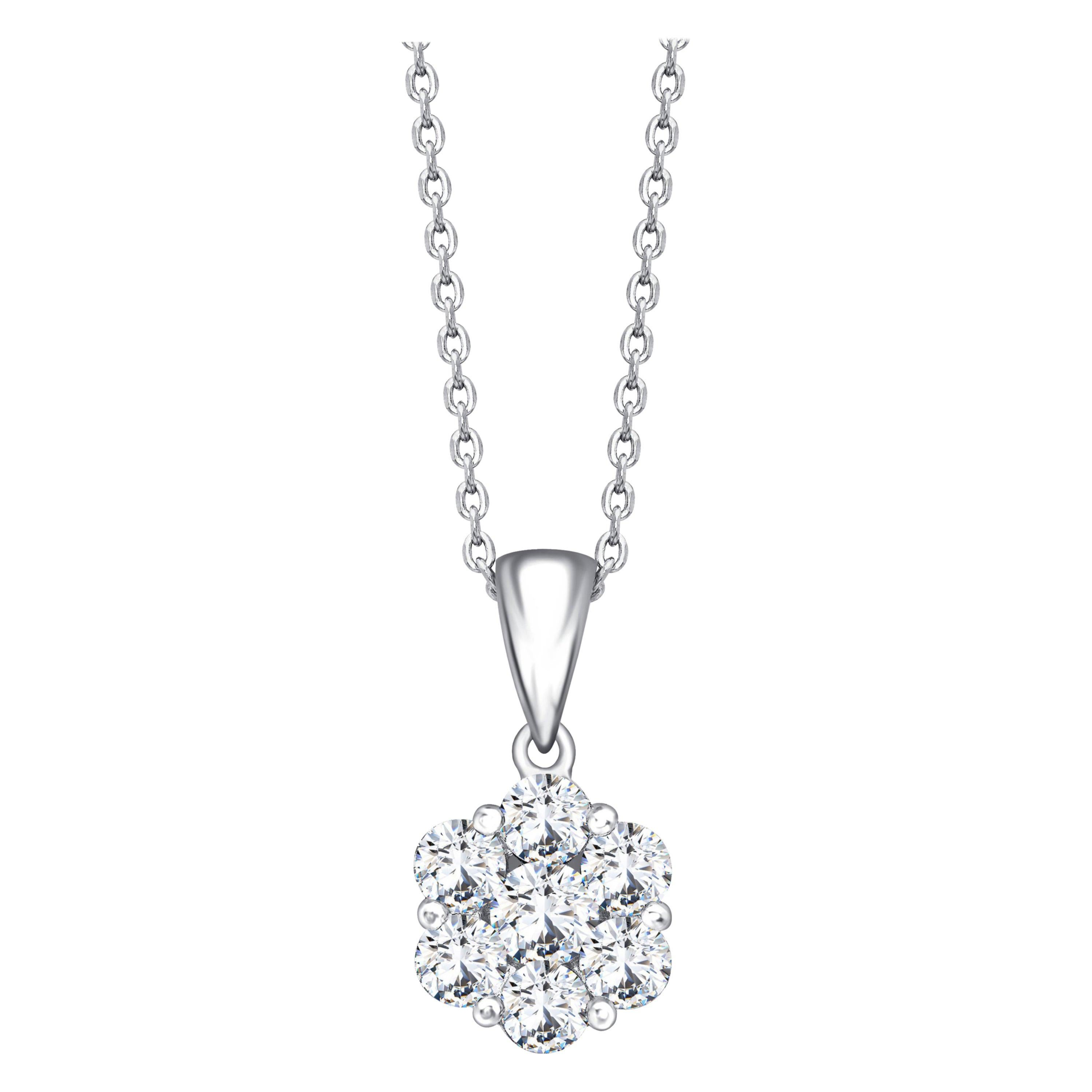 Collier à pendentif fleur en or blanc 18 carats avec grappe de diamants ronds de 0,33 carat