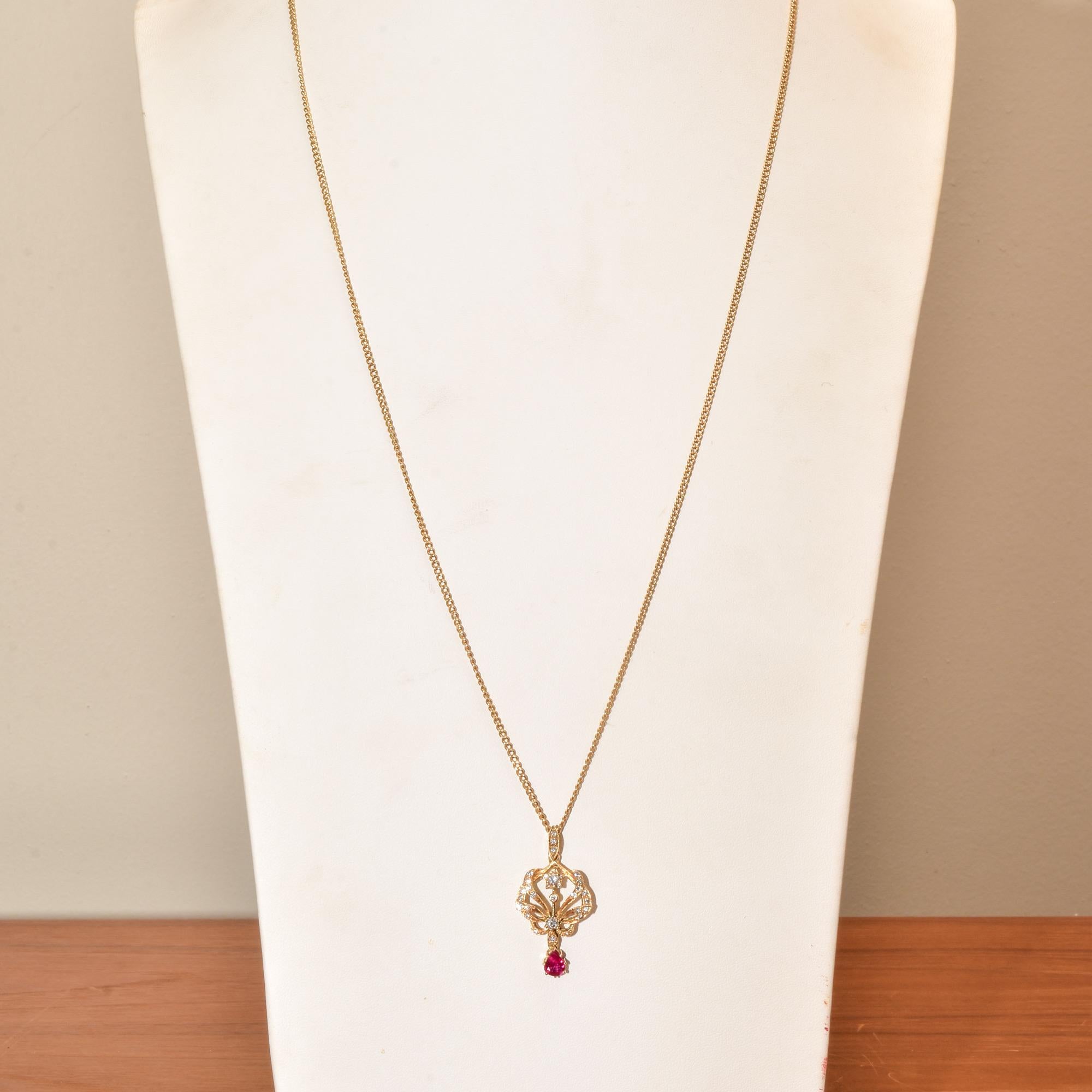 Art Nouveau Diamond Cluster Ruby Lavaliere Pendant Necklace in 14k Yellow Gold For Sale