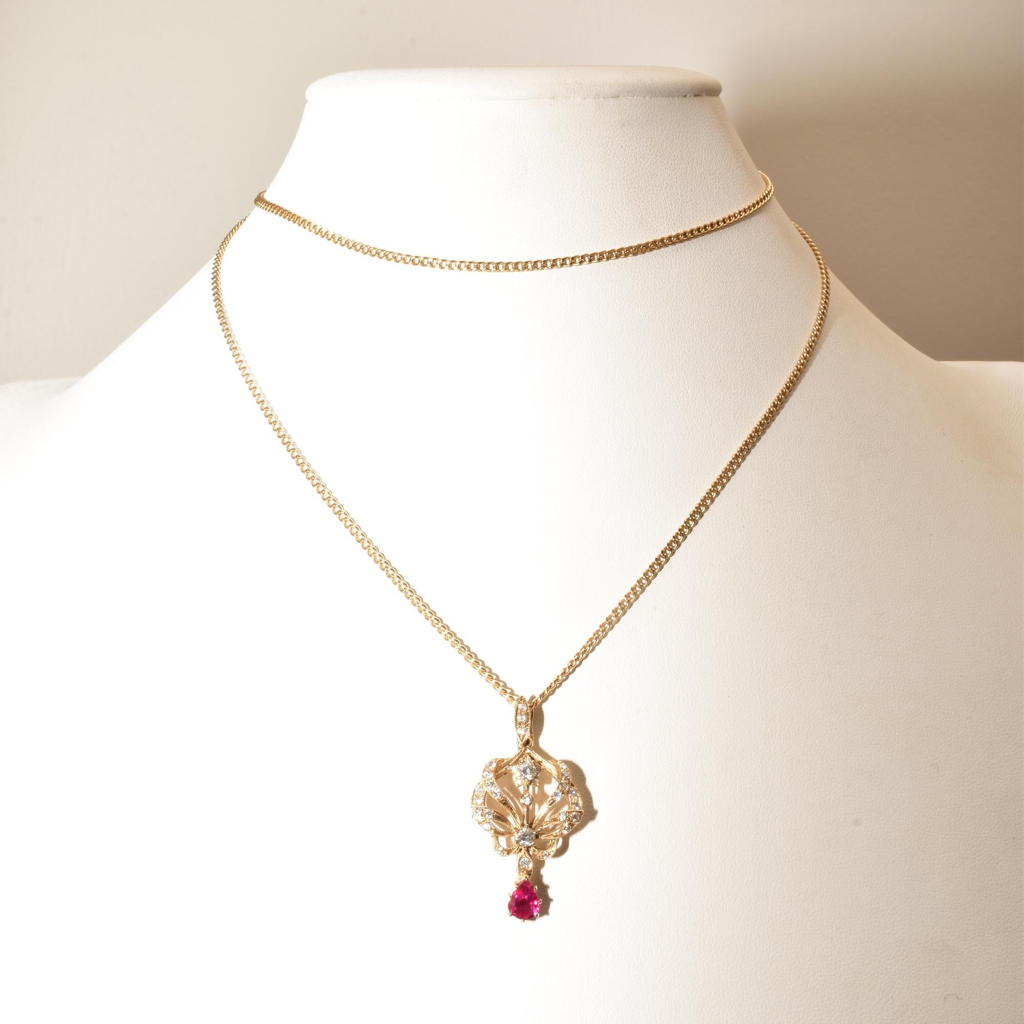 Round Cut Diamond Cluster Ruby Lavaliere Pendant Necklace in 14k Yellow Gold For Sale