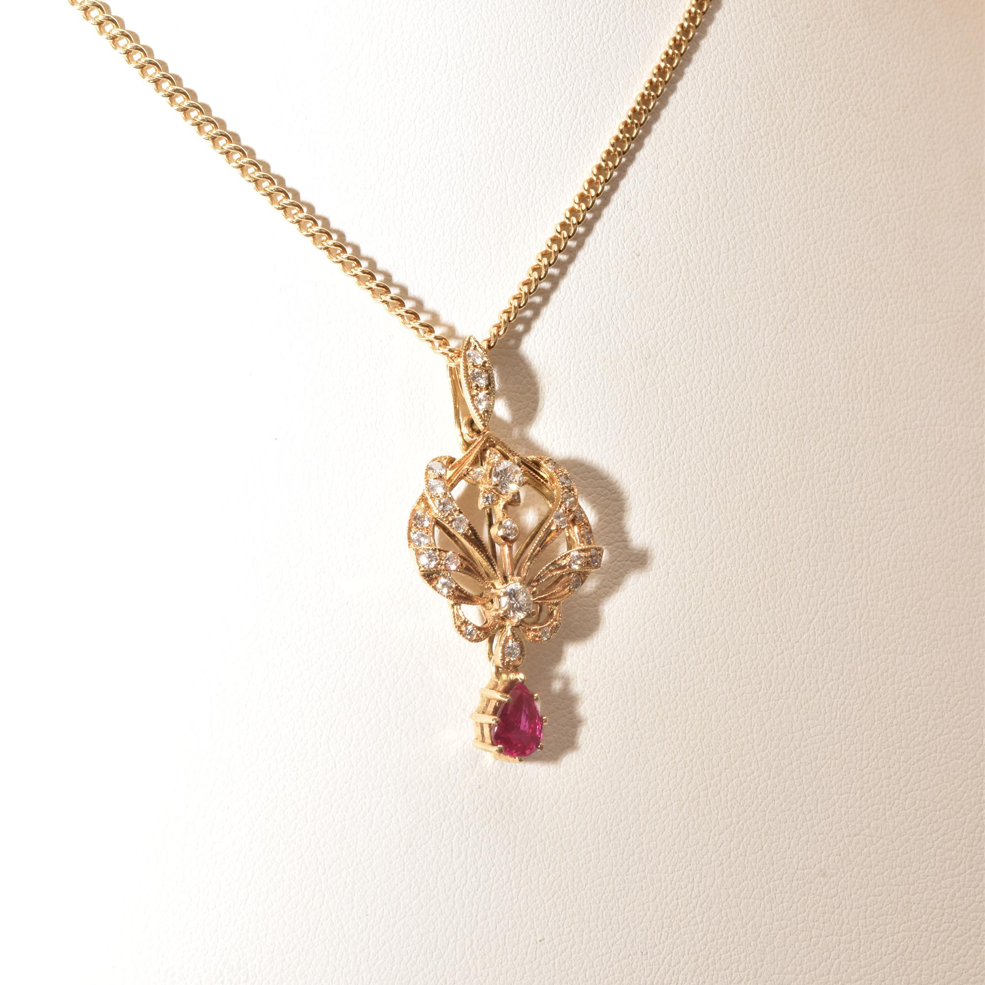 Women's Diamond Cluster Ruby Lavaliere Pendant Necklace in 14k Yellow Gold For Sale