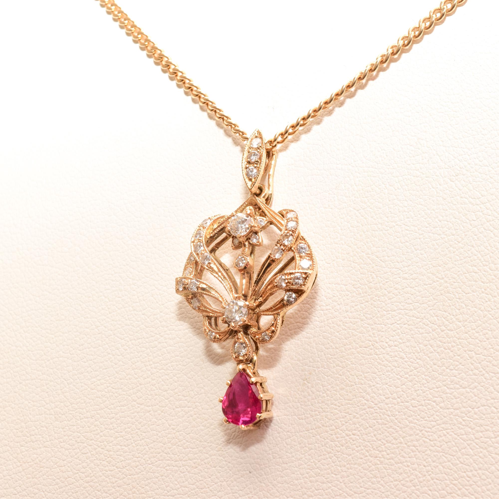 Diamond Cluster Ruby Lavaliere Pendant Necklace in 14k Yellow Gold For Sale 1