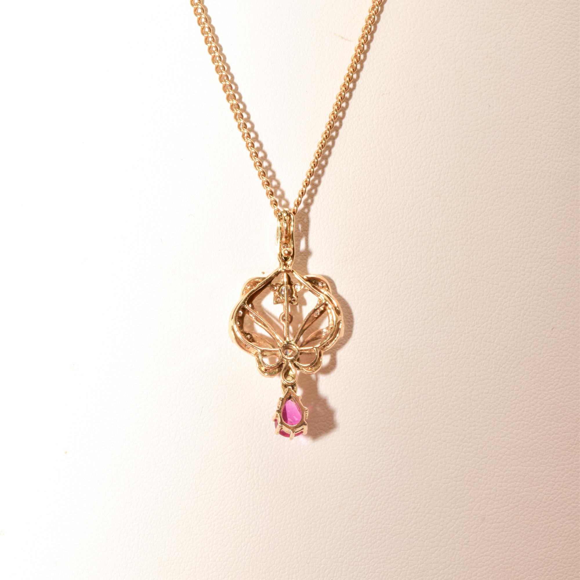 Diamond Cluster Ruby Lavaliere Pendant Necklace in 14k Yellow Gold For Sale 2