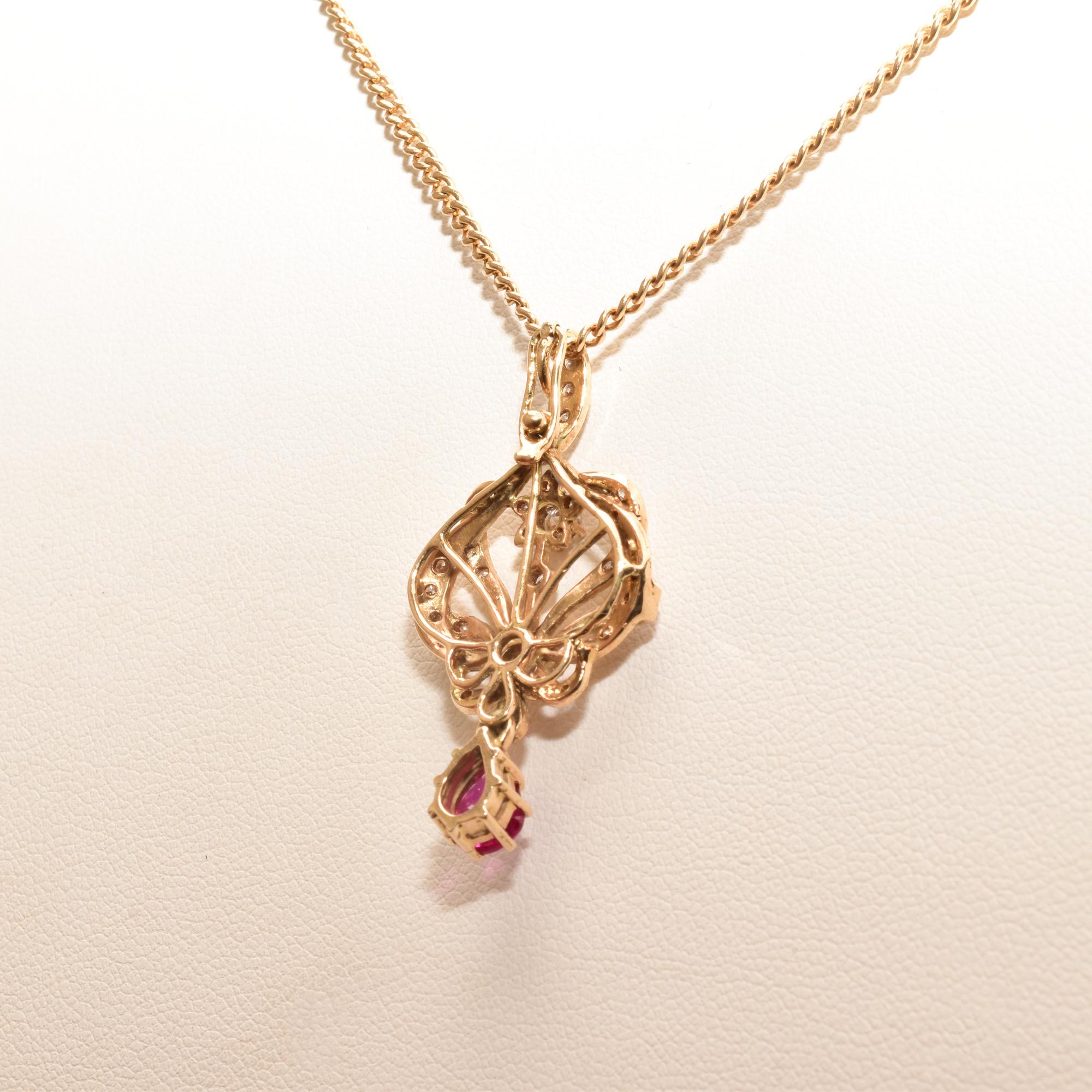 Diamond Cluster Ruby Lavaliere Pendant Necklace in 14k Yellow Gold For Sale 3