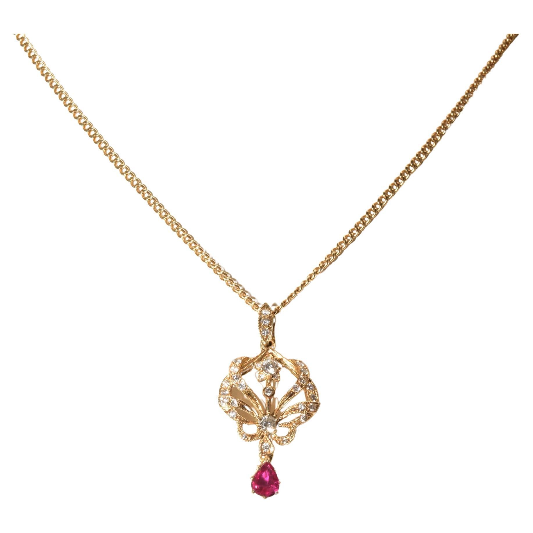 Diamond Cluster Ruby Lavaliere Pendant Necklace in 14k Yellow Gold For Sale
