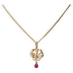 Antique Diamond Cluster Ruby Lavaliere Pendant Necklace in 14k Yellow Gold