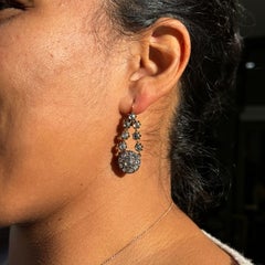 Diamond Cluster Silver on 14 Carat Gold Victorian Style Drop Earrings