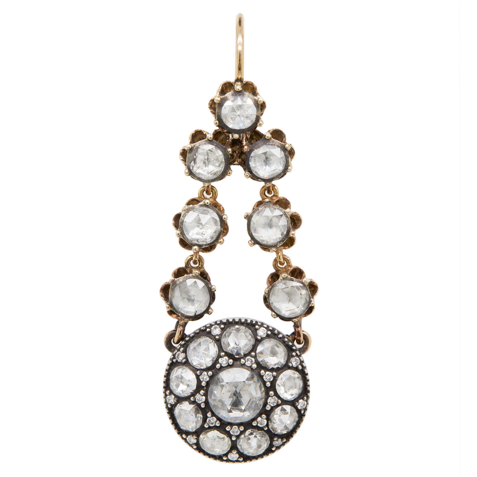 Pendientes de gota estilo victoriano con racimo de diamantes de plata sobre oro de 14 quilates Corte rosa en venta