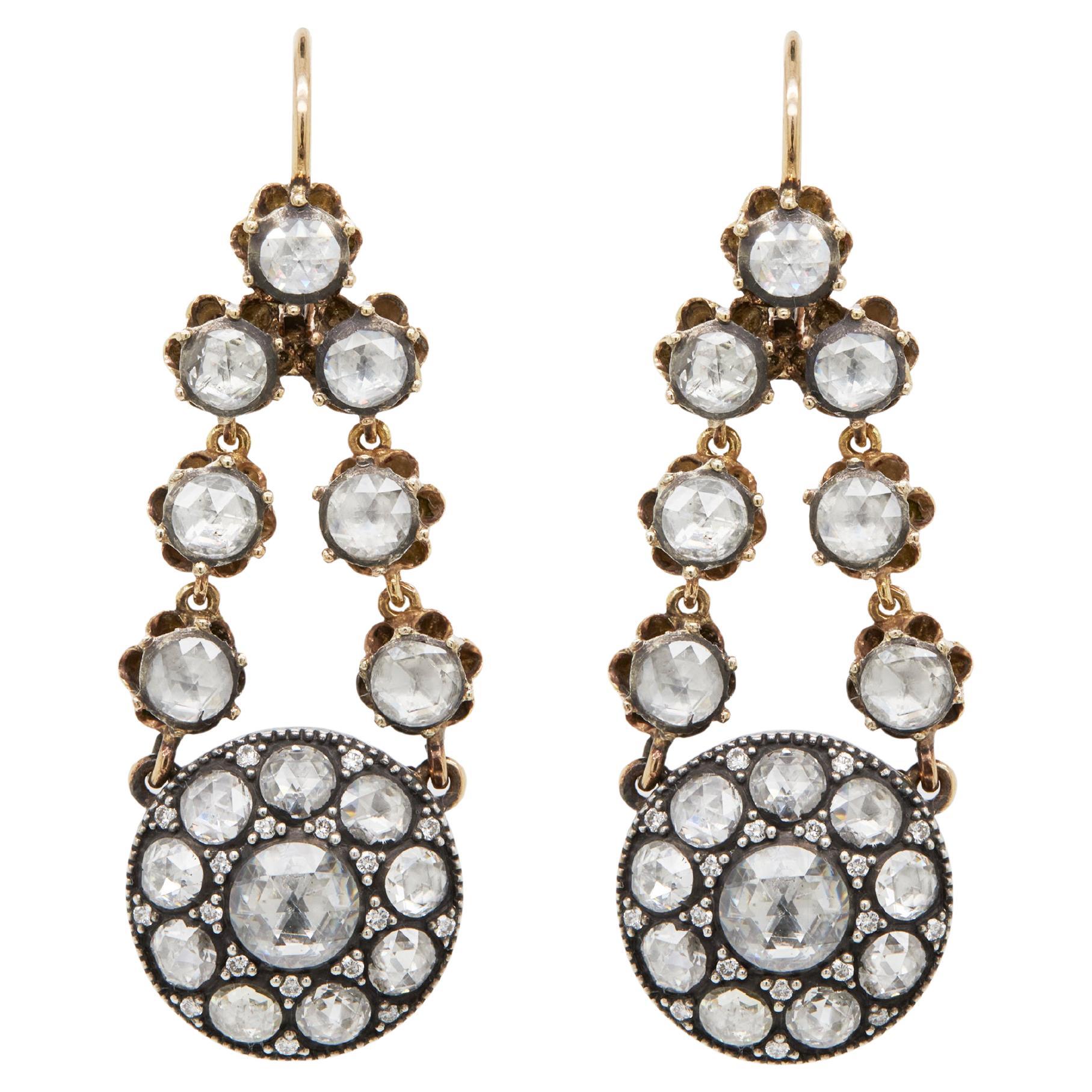 Pendientes de gota estilo victoriano con racimo de diamantes de plata sobre oro de 14 quilates en venta