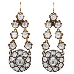 Pendants d'oreilles de style victorien en argent et or 14 carats avec grappe de diamants