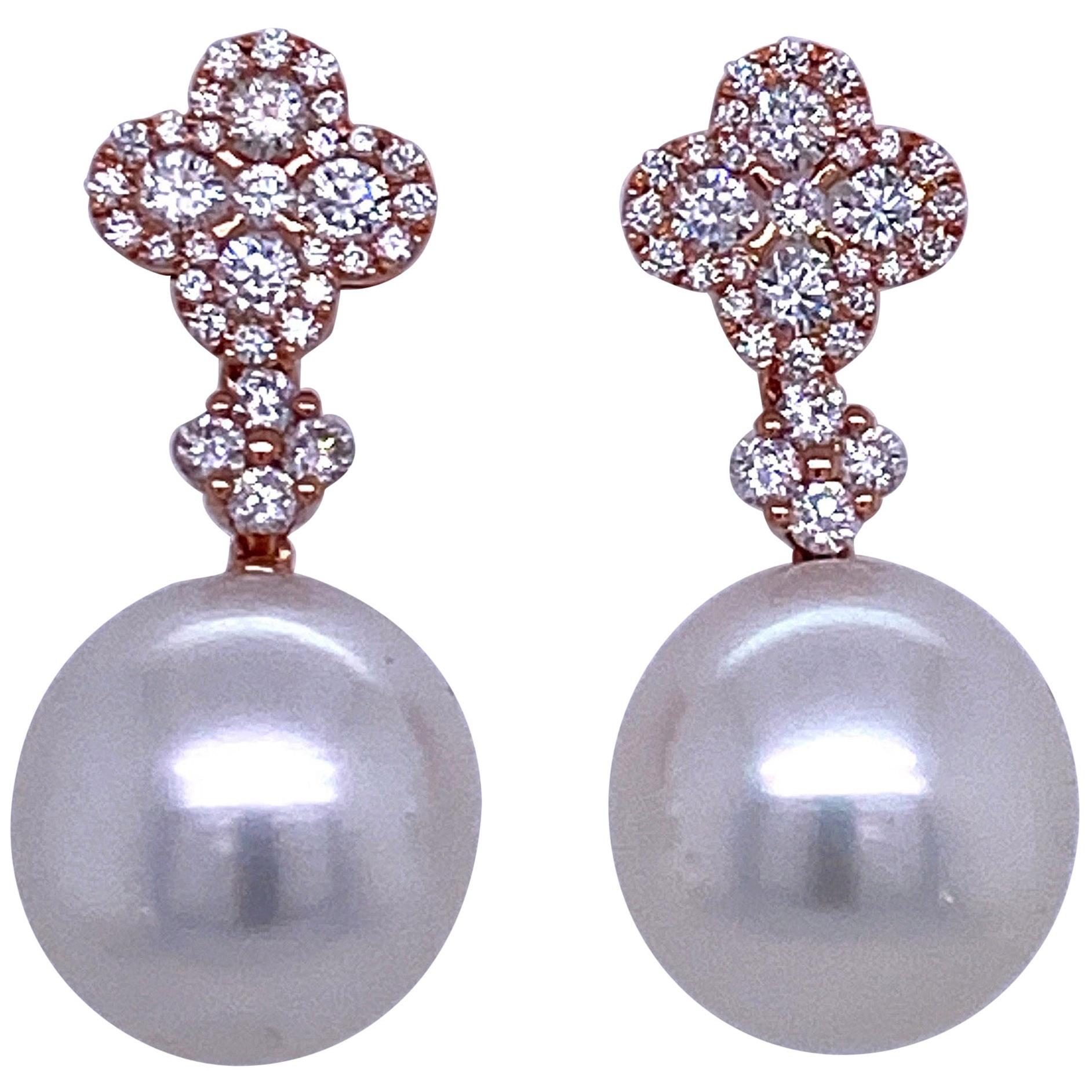 Diamond Cluster South Sea Pearl Drop Earrings 0.77 Carat 18 Karat Rose Gold For Sale