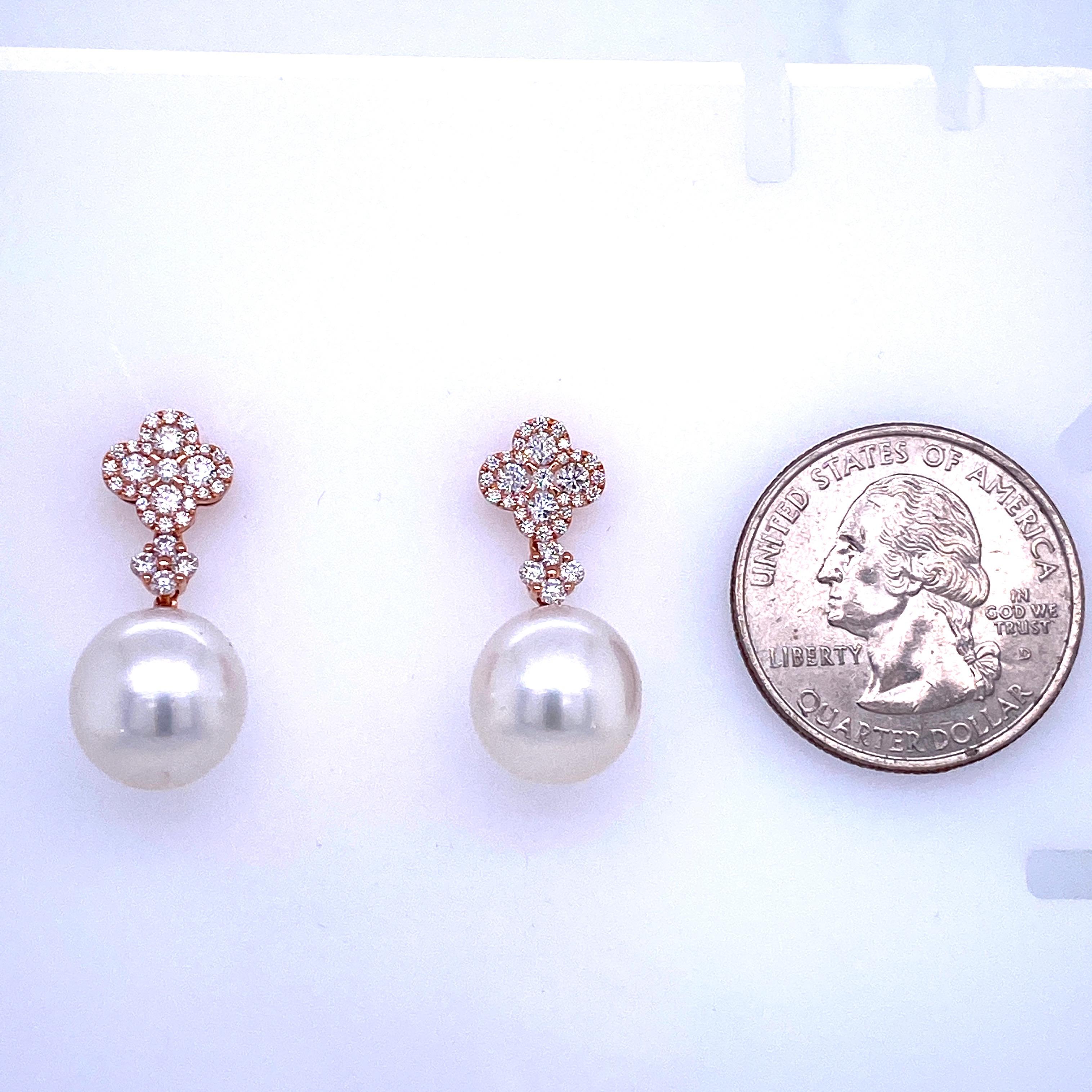 Contemporary Diamond Cluster South Sea Pearl Drop Earrings 0.77 Carat 18 Karat Rose Gold For Sale
