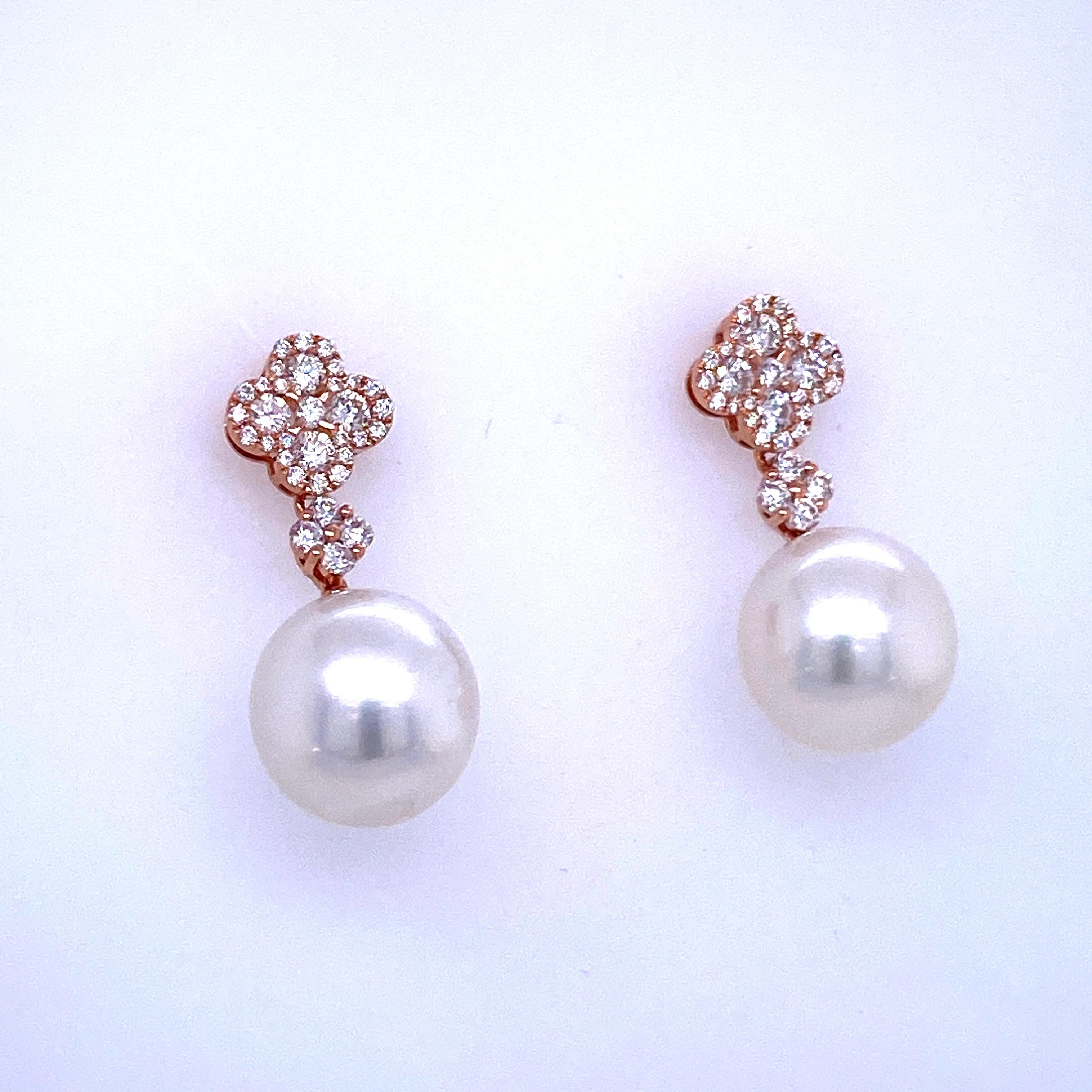 Round Cut Diamond Cluster South Sea Pearl Drop Earrings 0.77 Carat 18 Karat Rose Gold For Sale